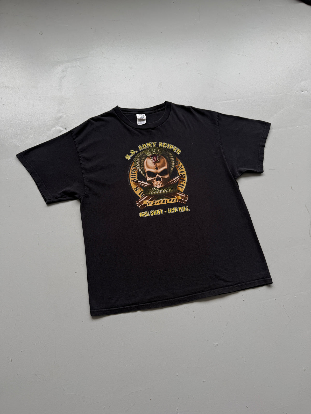 Black U.S. Army Sniper One Shot One Kill Y2K Vintage Graphic T-Shirt - XL