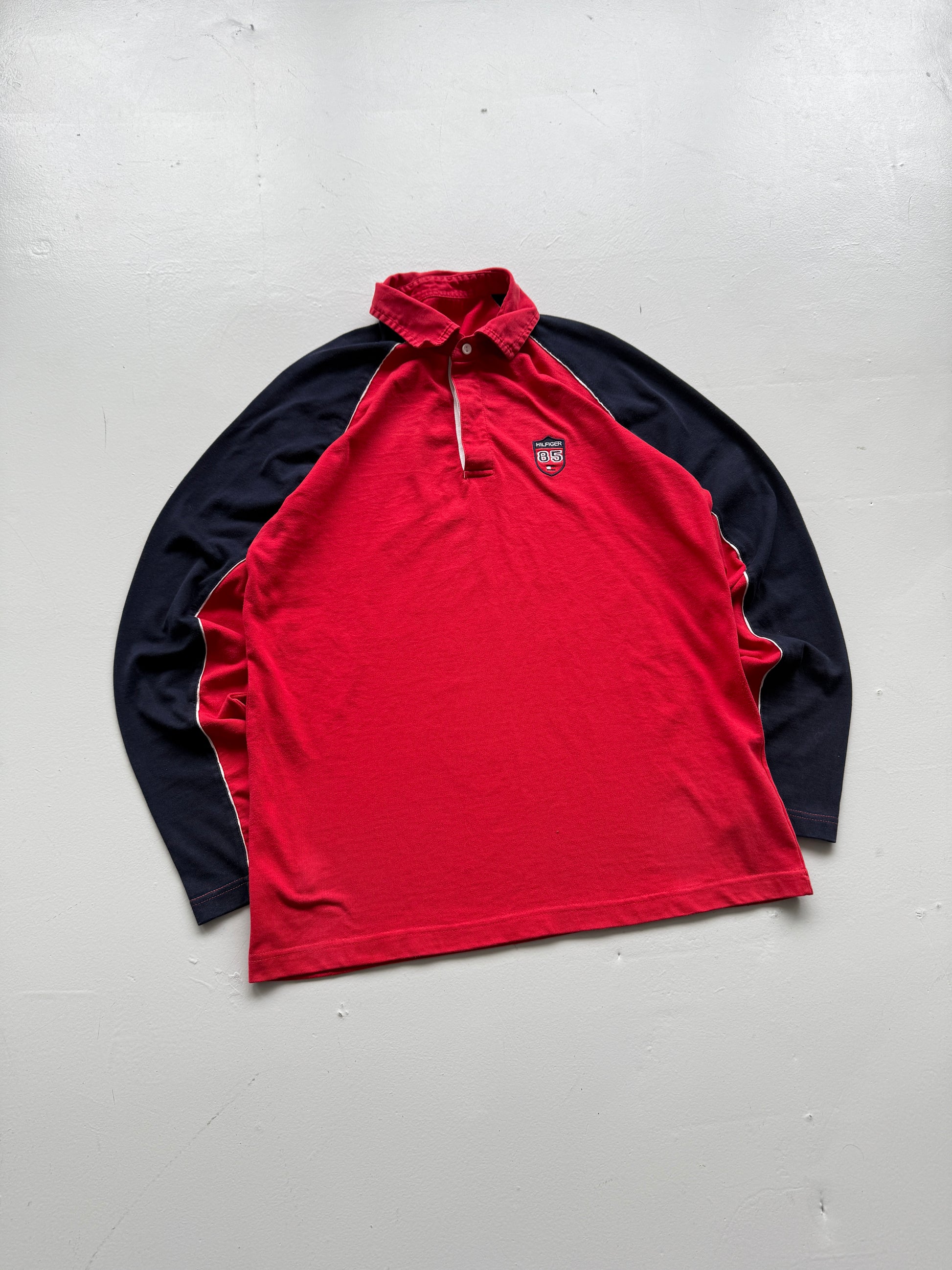 Red Tommy Hilfiger 00's Vintage Y2K Long Sleeve Rugby Polo Shirt - Medium
