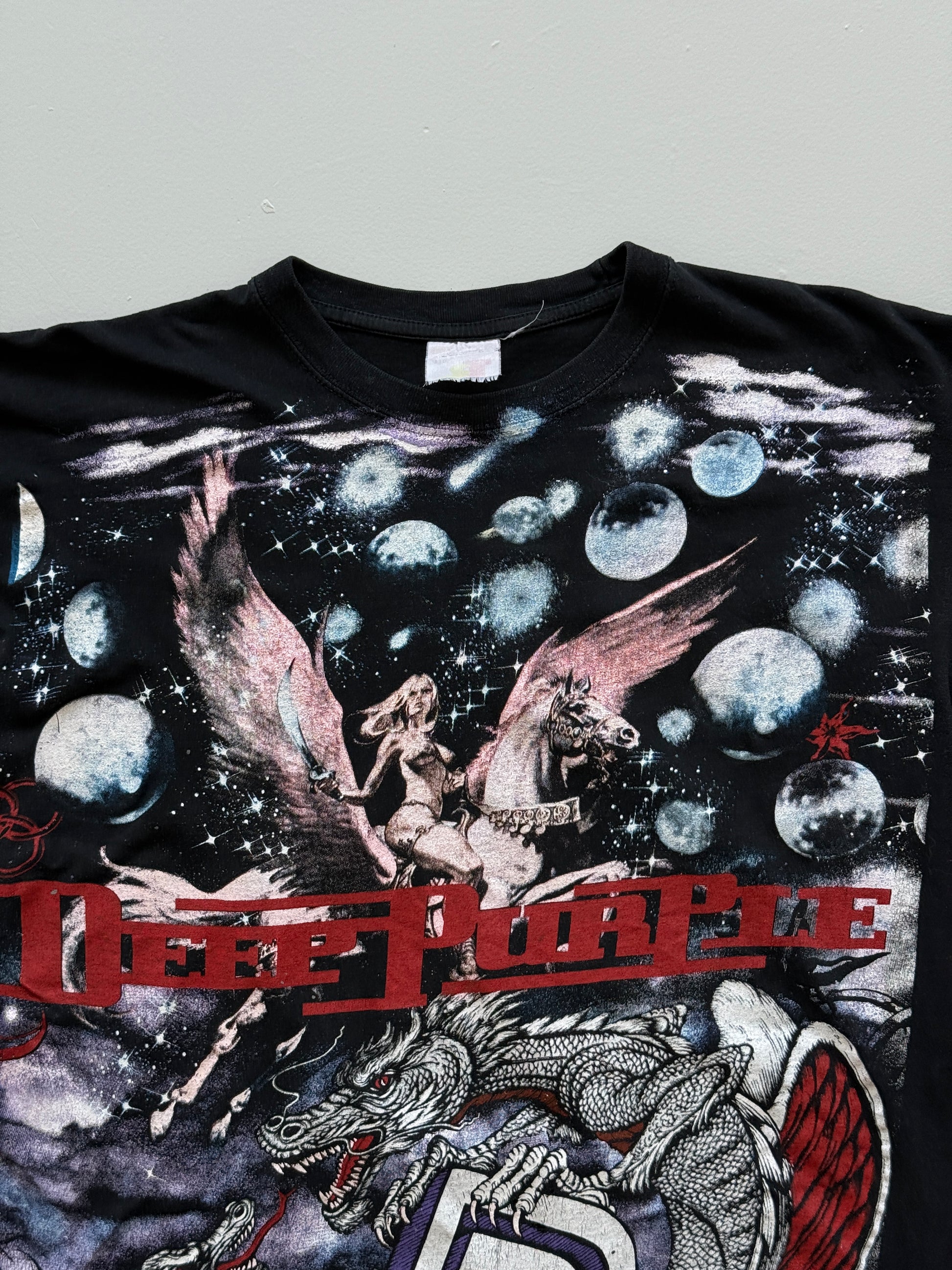 Black Deep Purple 90's Vintage All Over Print Graphic Band Tour T-Shirt - Medium