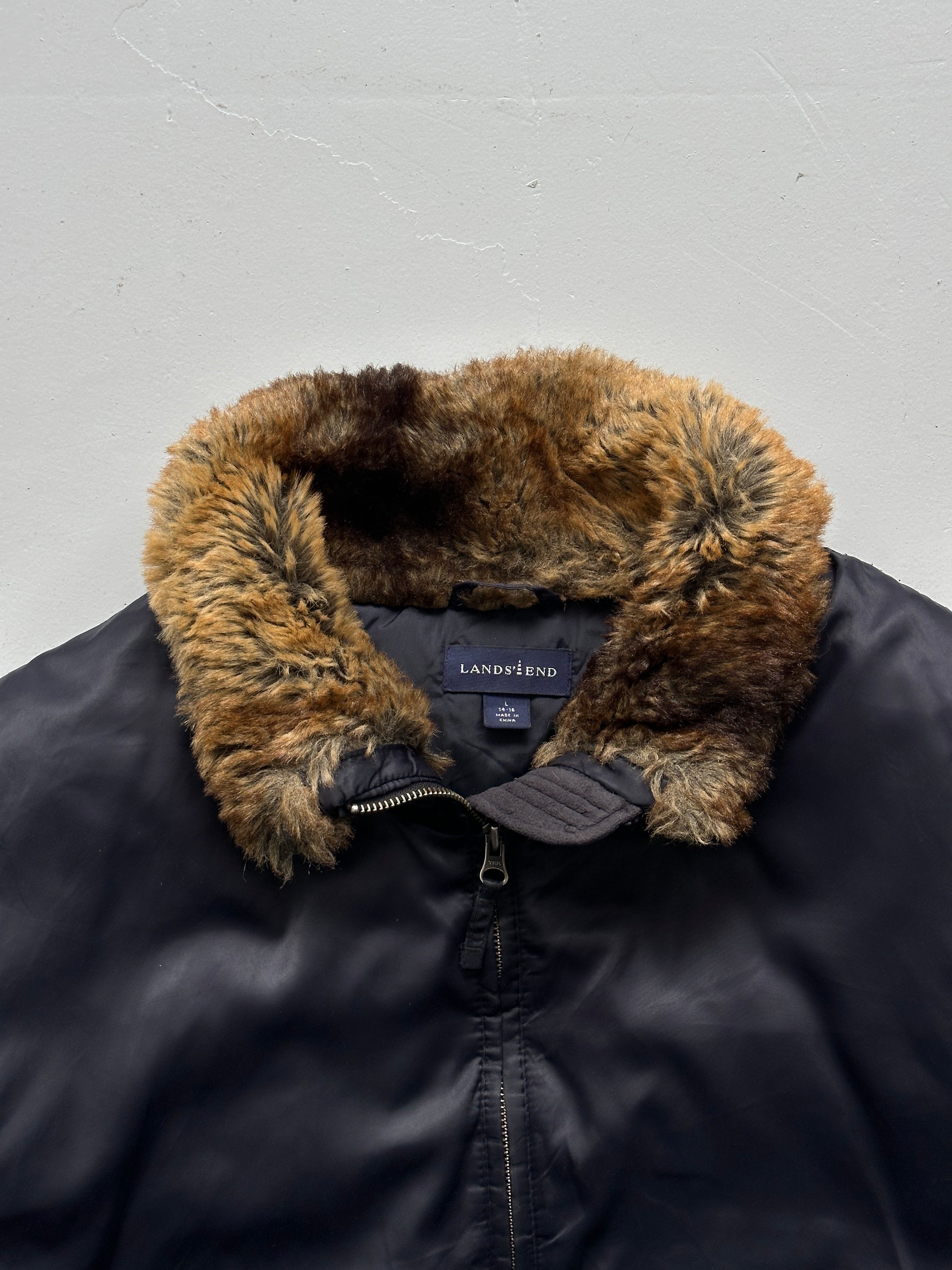 Navy Lands End Vintage 00's Goose Down Faux Fur Puffer - Womens Large 14-16