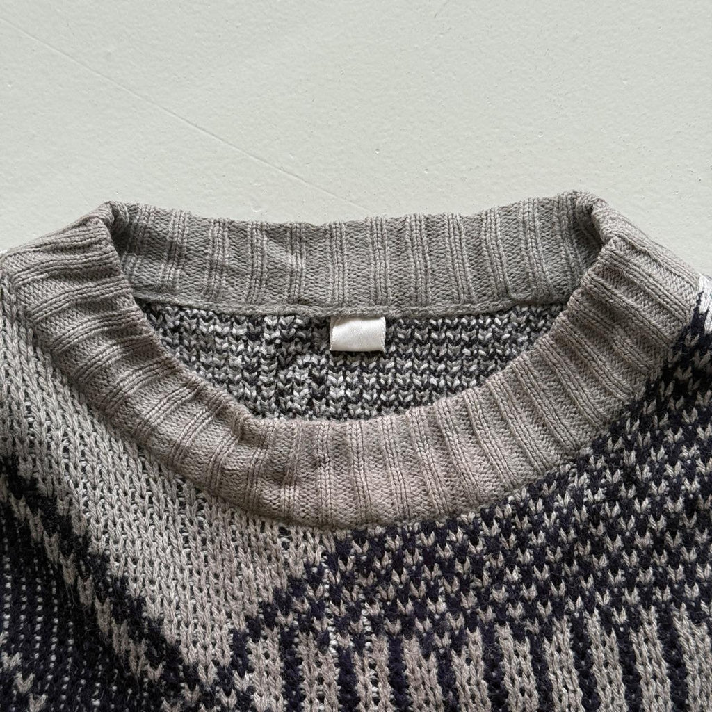 Grey Black Patterned 90's Vintage Woollen Knit Jumper - XL