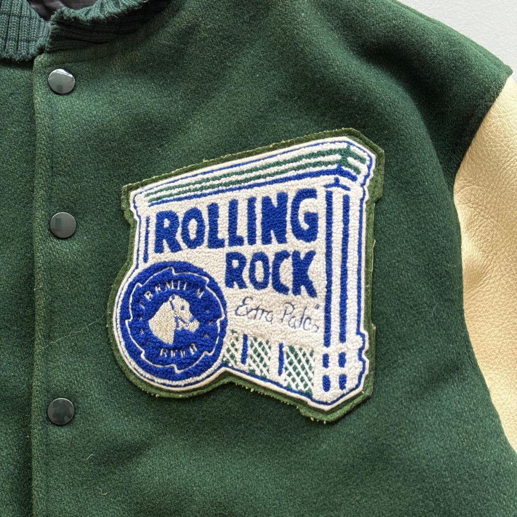 Green Rolling Rock Beer 80s Wool Leather Varsity Jacket - Medium