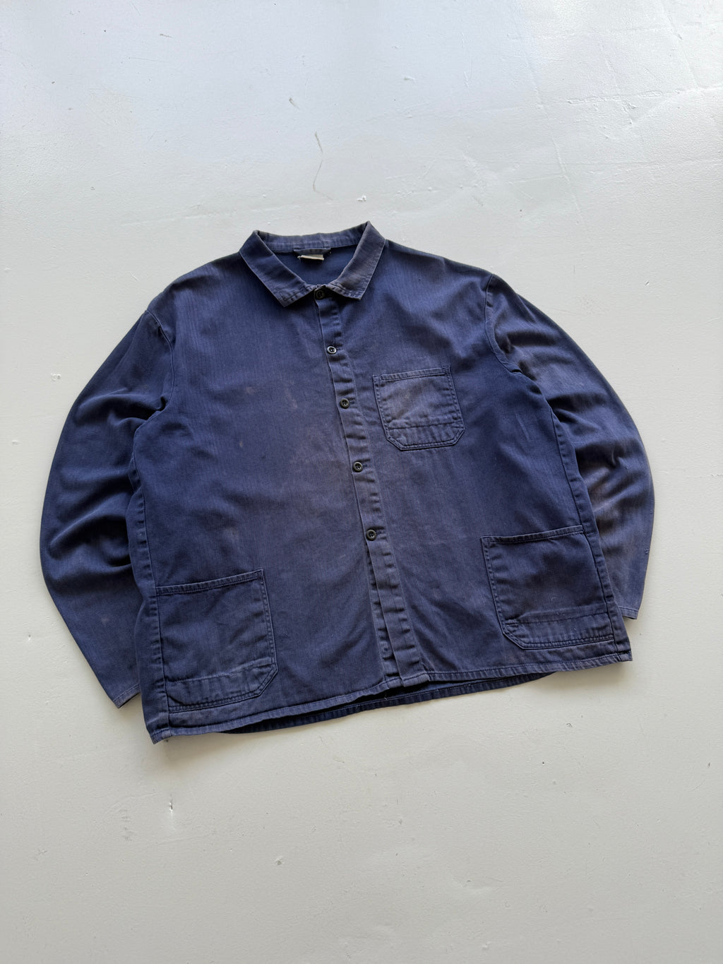 Thrashed Blue Herringbone French Vintage Workwear Chore Jacket CH363 - Large