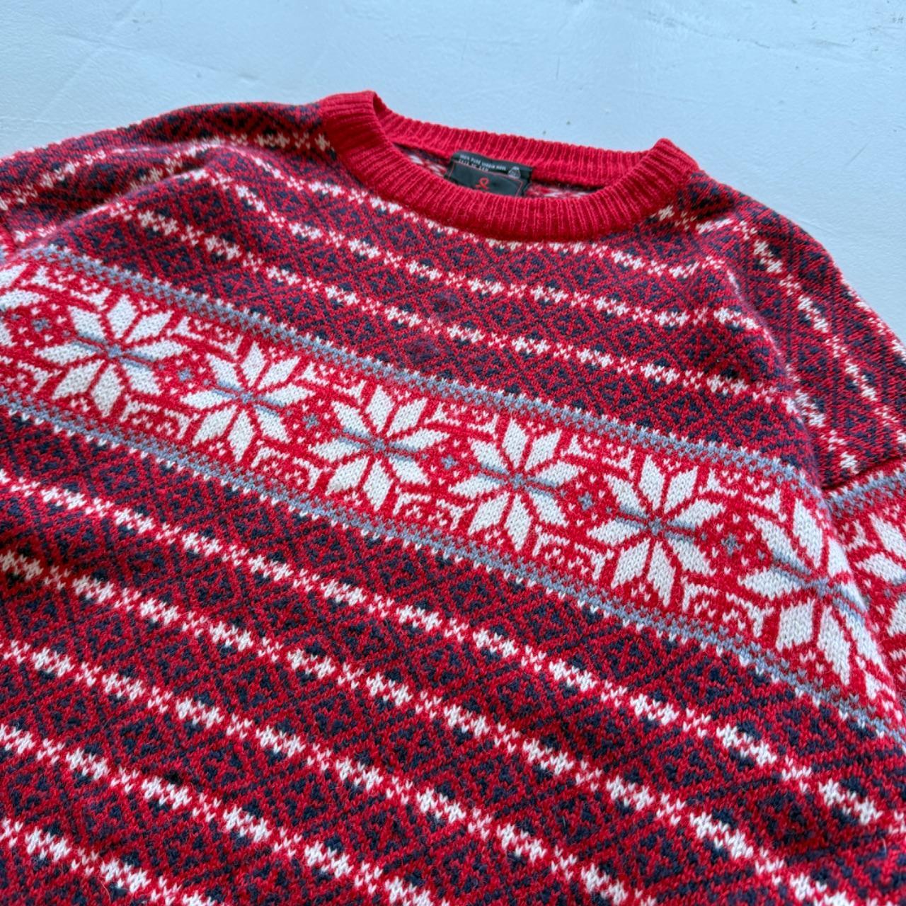 Red Raindeer Woollen 90's Vintage Christmas Pattern Wool Knit Jumper - Large