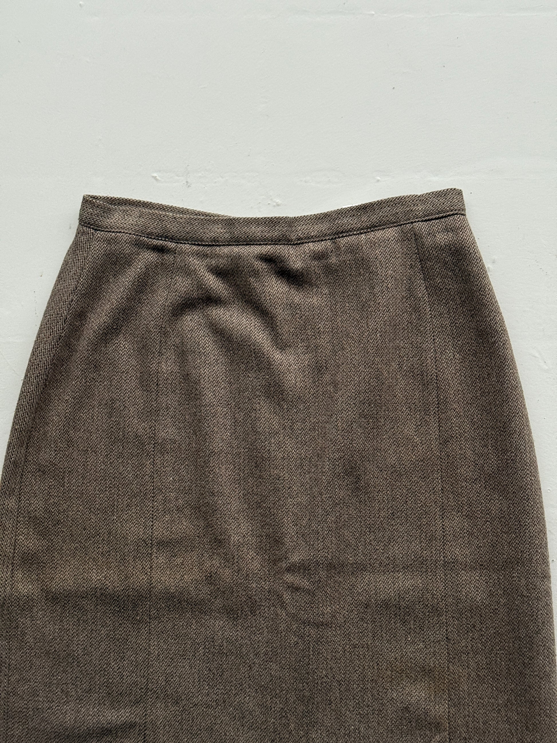 Brown Woollen 80's Vintage Midi High Waisted Pencil Skirt - UK 14