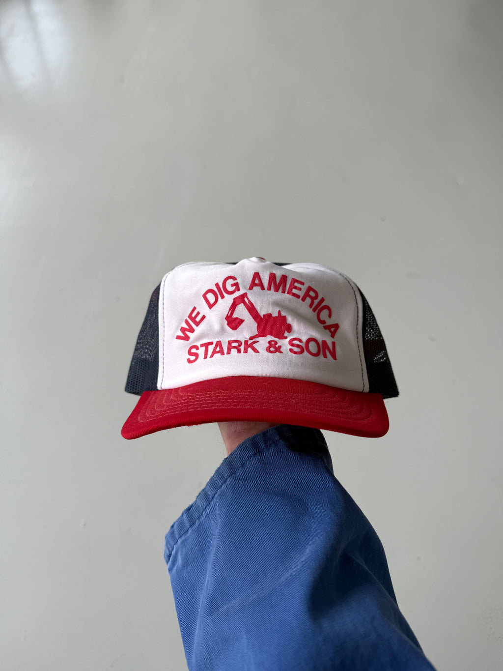 White and Red Construction Vintage Workwear Foam and Mesh SnapBack Trucker Cap