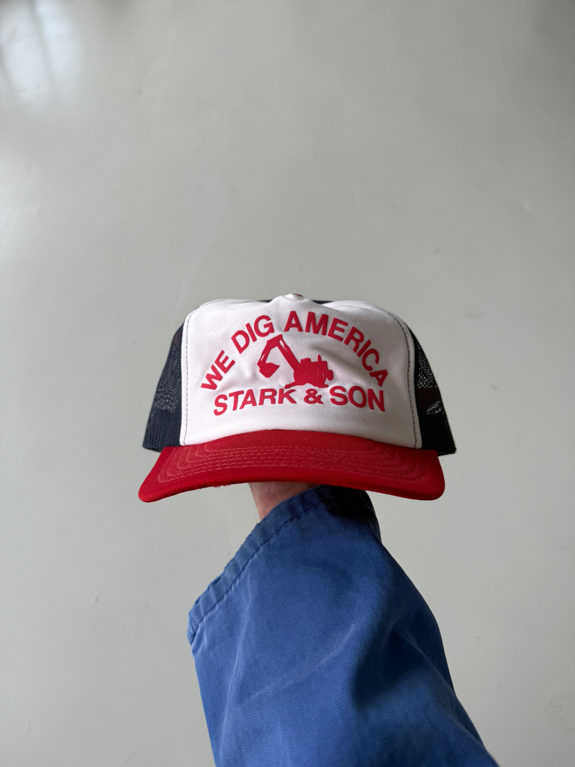 White and Red Construction Vintage Workwear Foam and Mesh SnapBack Trucker Cap