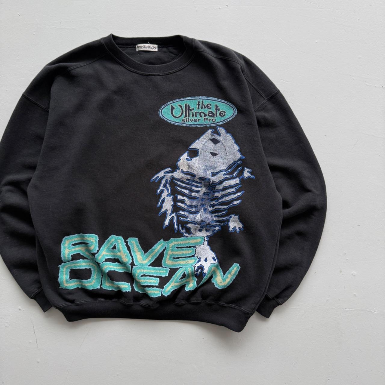 Faded Black Ocean Rave 90s Vintage Graphic Sweatshirt - XL