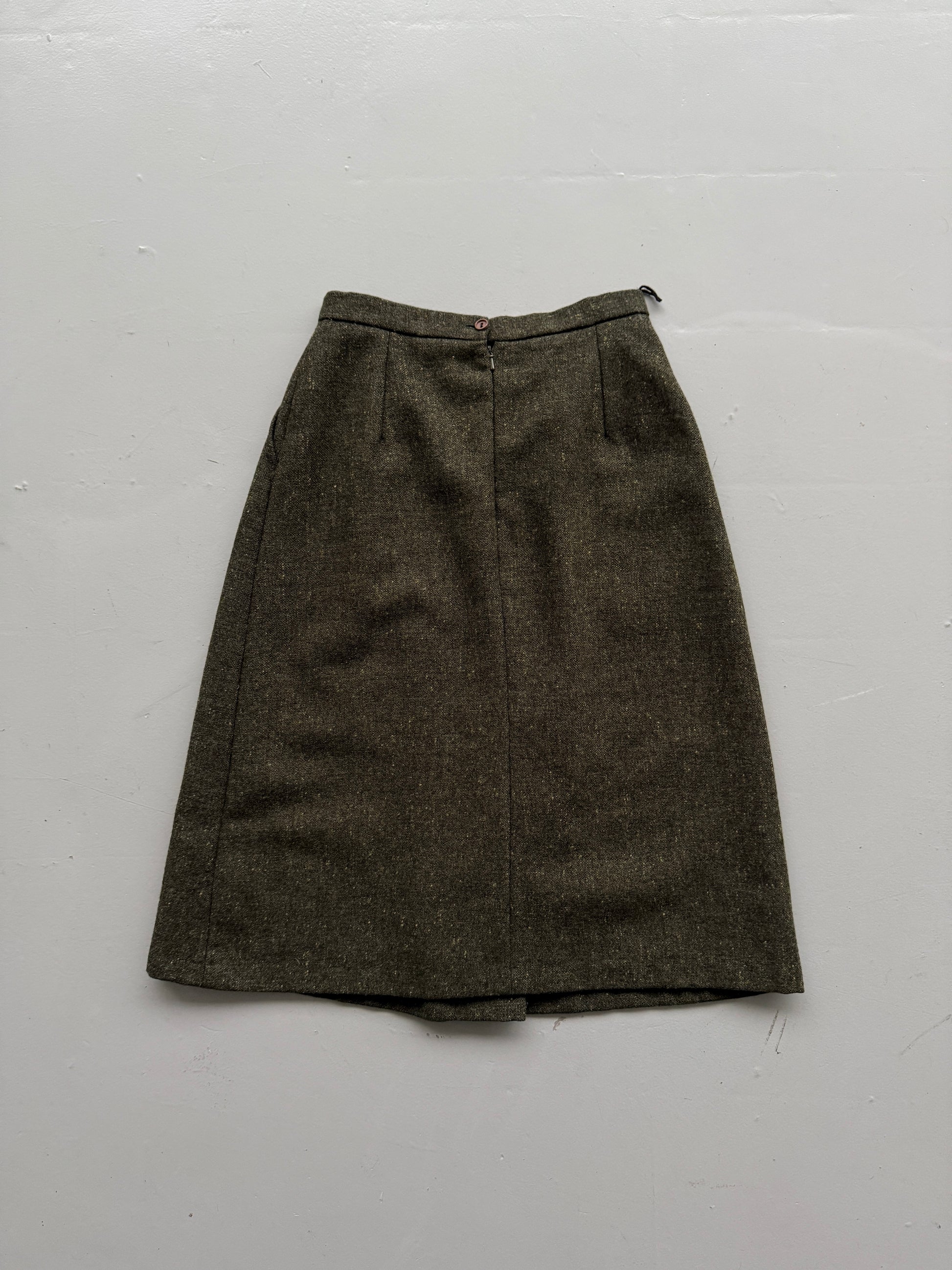 Dark Green Woollen 80's Vintage Midi High Waisted Pleated Pencil Skirt - UK 12