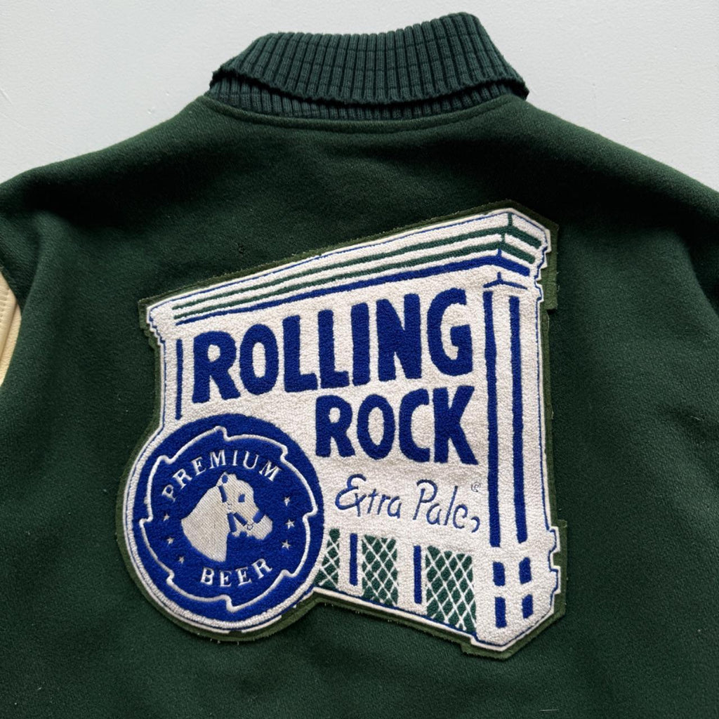 Green Rolling Rock Beer 80s Wool Leather Varsity Jacket - Medium