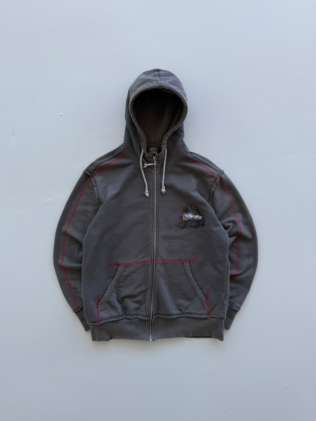 Grey Freewear 00's Vintage Y2K Full Zip Graphic Hoodie - Medium