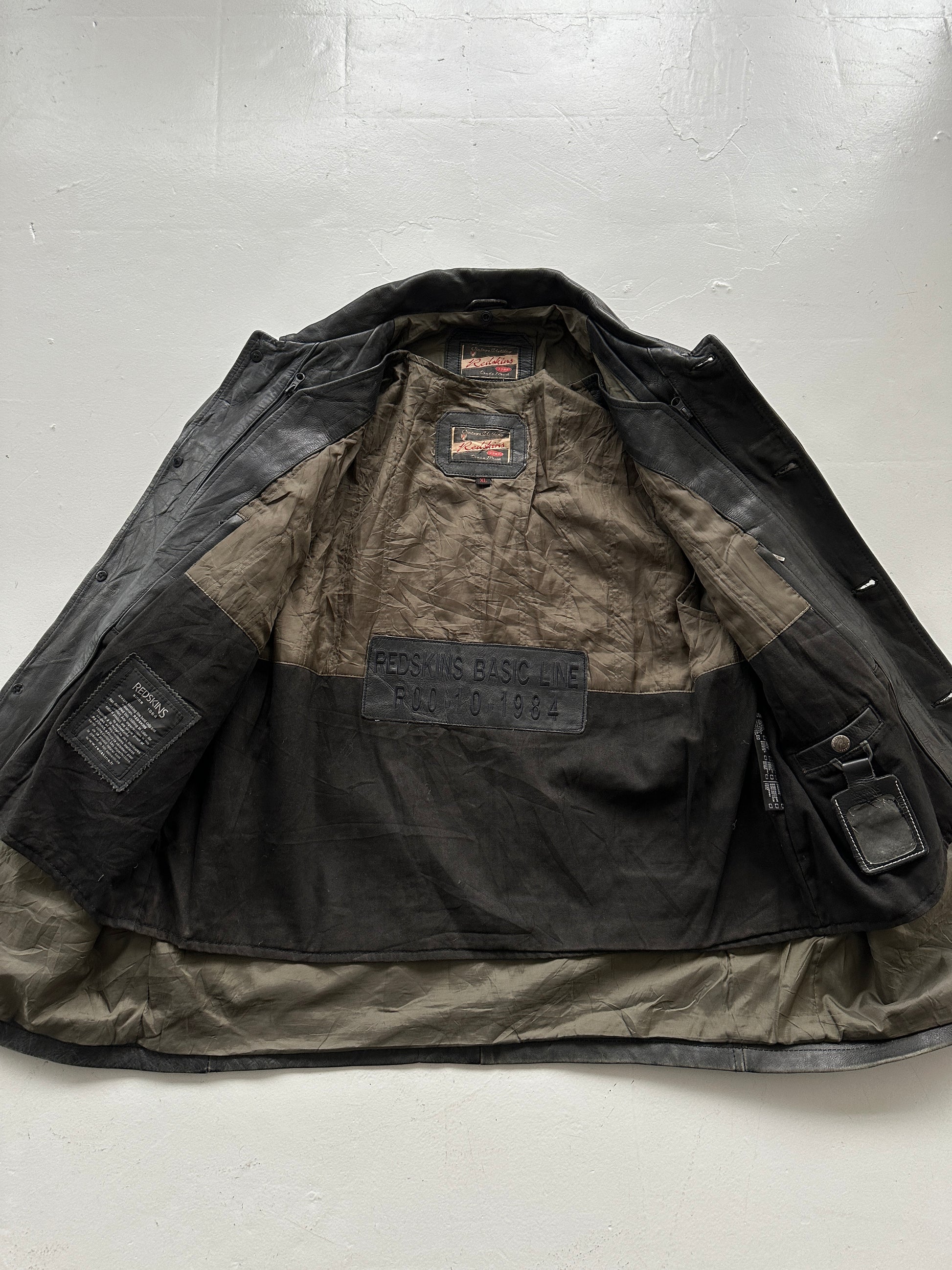 Black Vintage Redskins Leather Jacket 80's 1984 Box Jacket- XL