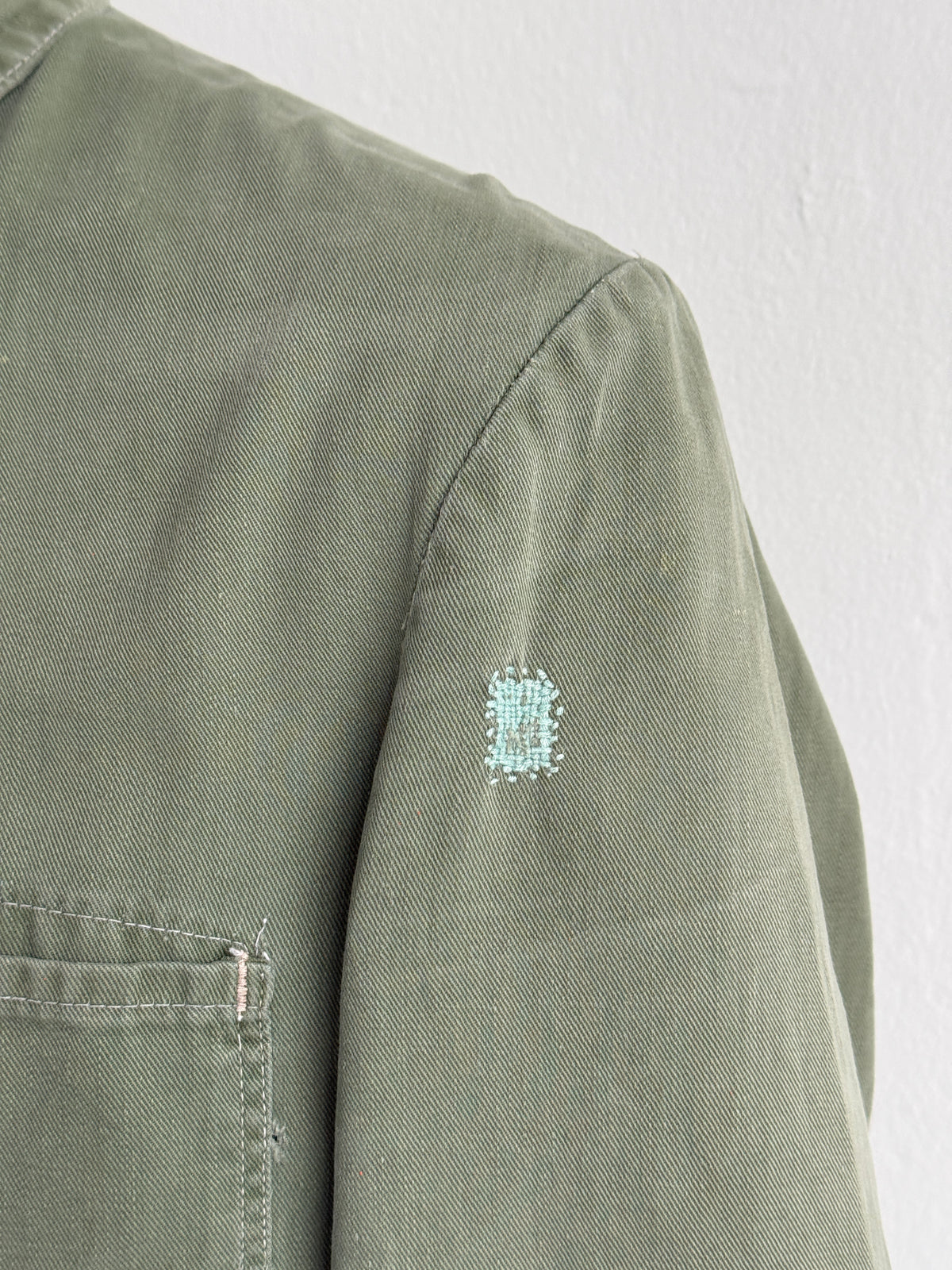 Green French Sashiko Repaired 1950s Vintage Workwear Chore Jacket CH366 - Small