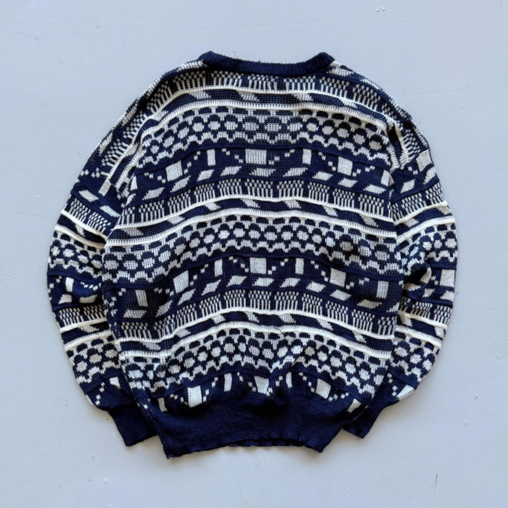 Blue Patterned Knitted 90s Acrylic Knit Jumper - Large