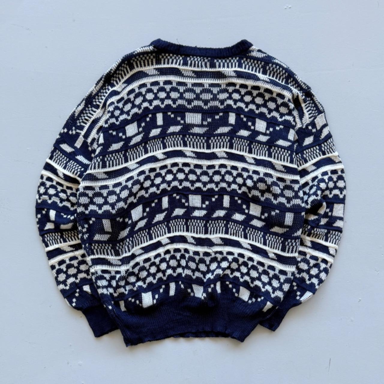 Blue Patterned Knitted 90s Acrylic Knit Jumper - Large