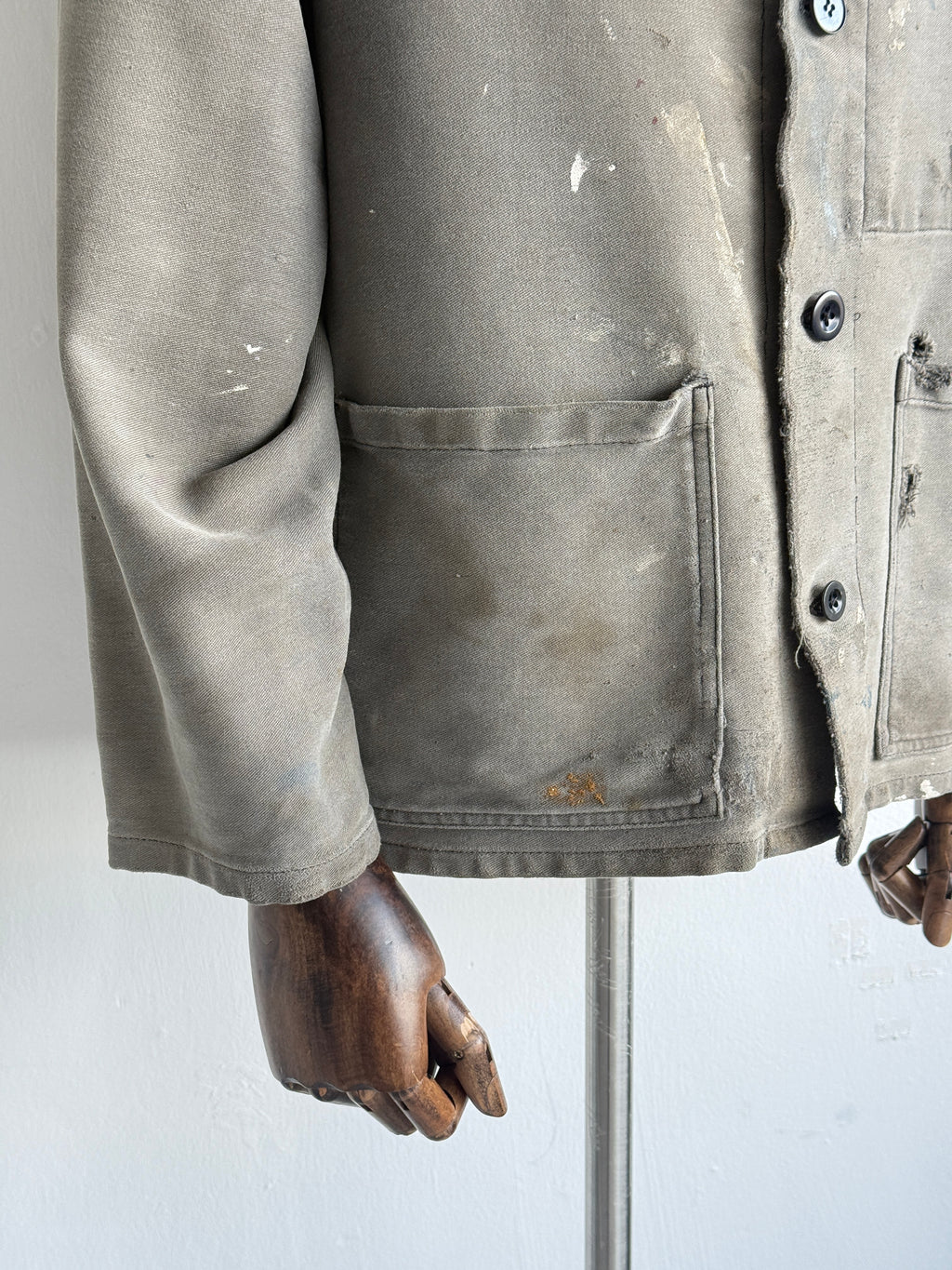 Thrashed Grey French Moleskin 1960s/70s Vintage Chore Jacket CH538 - Small