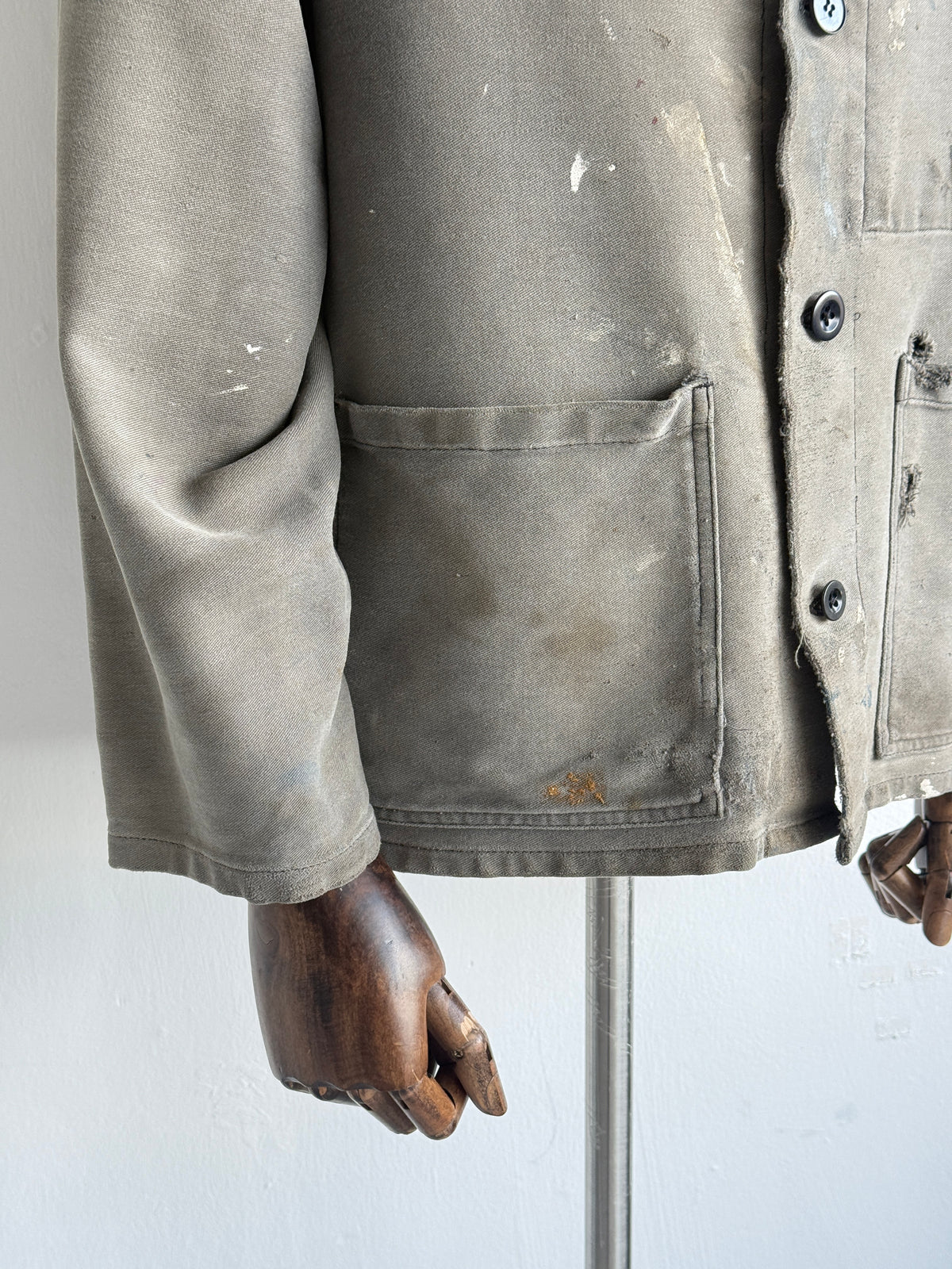 Thrashed Grey French Moleskin 1960s/70s Vintage Chore Jacket CH538 - Small
