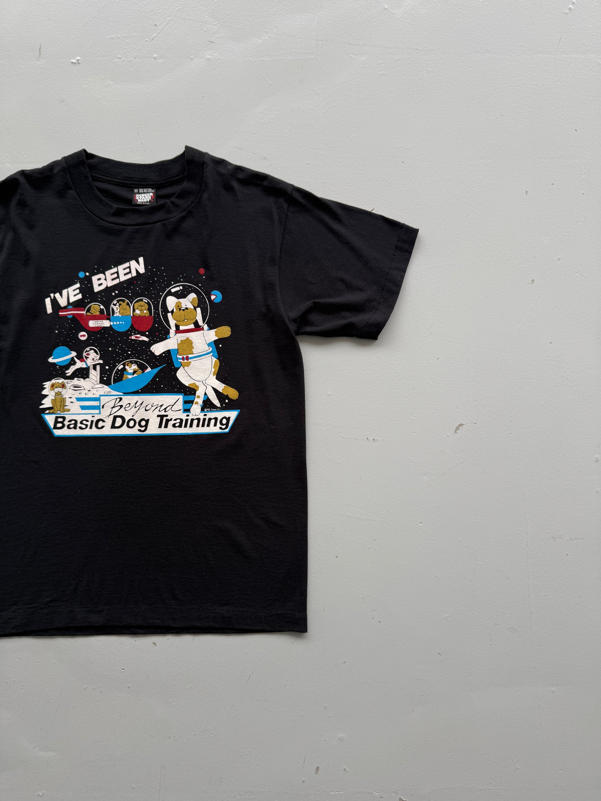 Black Space Dog 90's Vintage Graphic Single Stitch Illustrated T-Shirt - Small