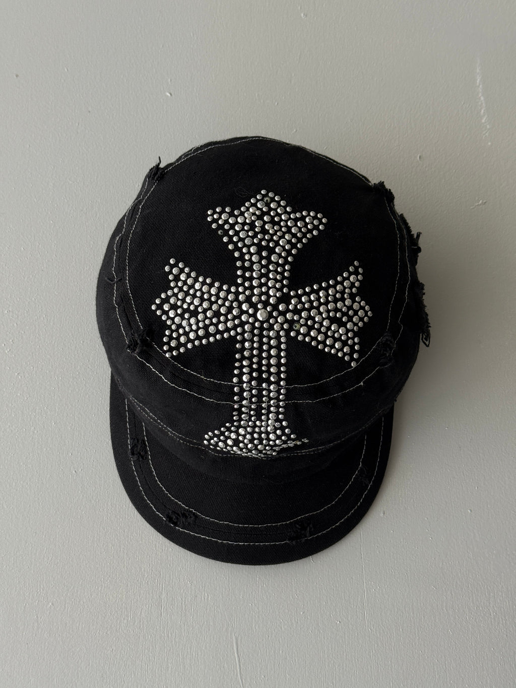 Black Studded Crucifix Y2K Cadet Cap Military Style 00's Grunge Aesthetic