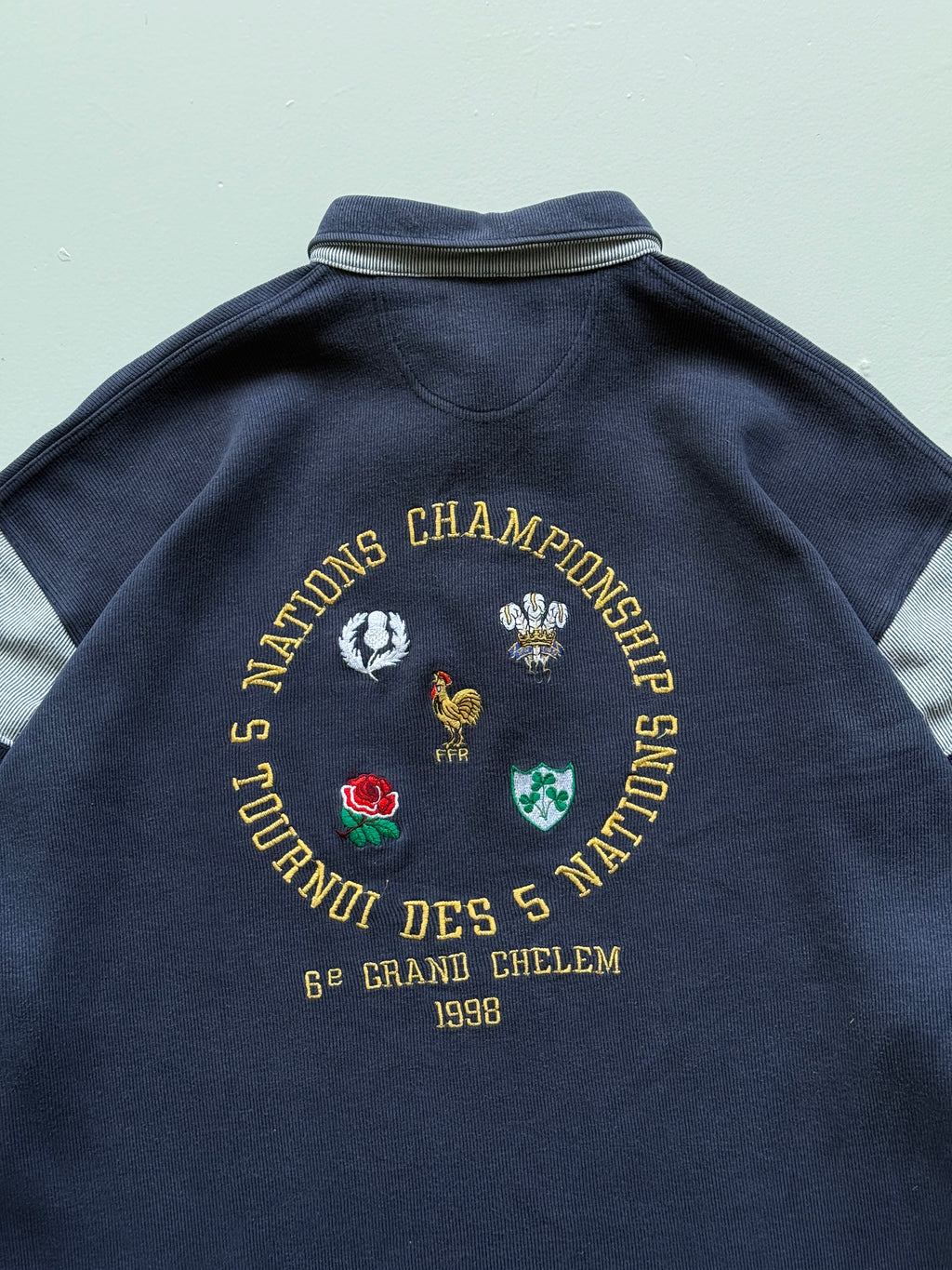 Navy Blue Five Nations 90's Vintage Long Sleeve Rugby Polo Jersey - XL