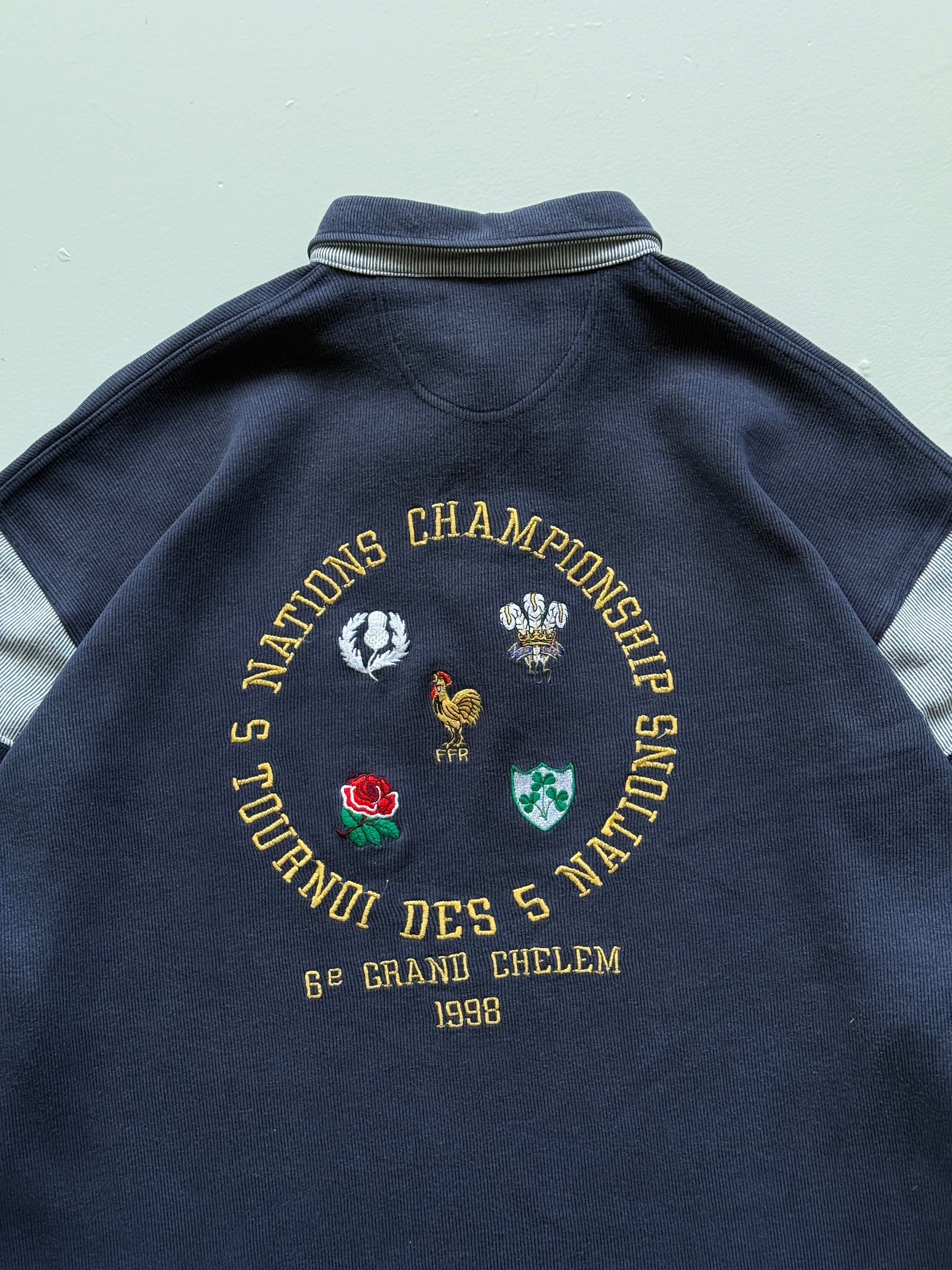 Navy Blue Five Nations 90's Vintage Long Sleeve Rugby Polo Jersey - XL