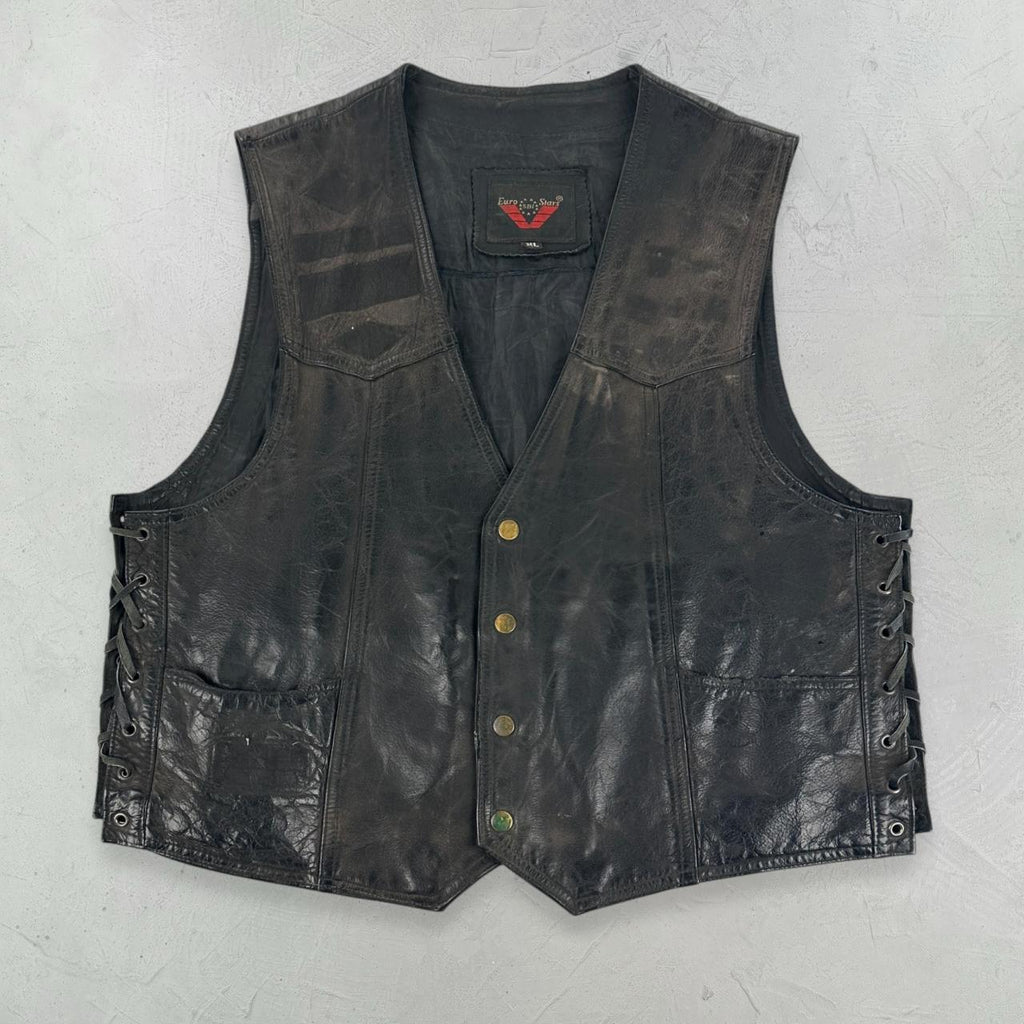 Black Leather 90s Vintage Biker Waistcoat - Medium