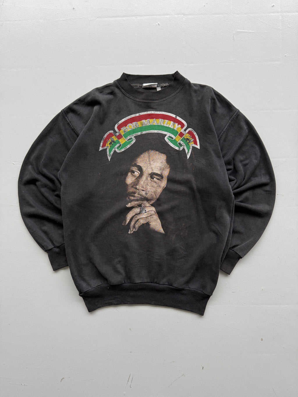 Faded Black Bob Marley 90's Vintage Thrashed  Graphic Sweatshirt- Medium