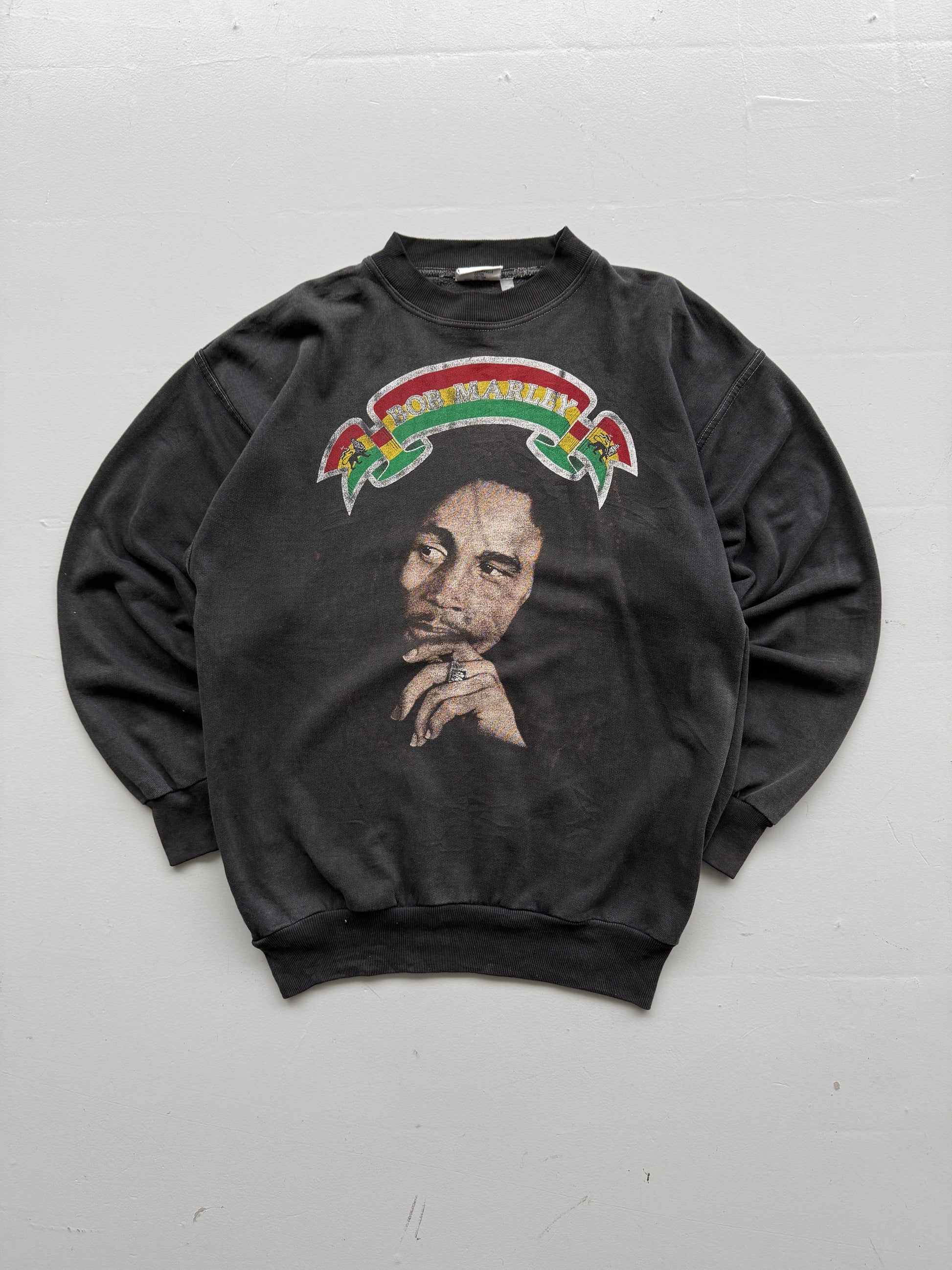 Faded Black Bob Marley 90's Vintage Thrashed  Graphic Sweatshirt- Medium