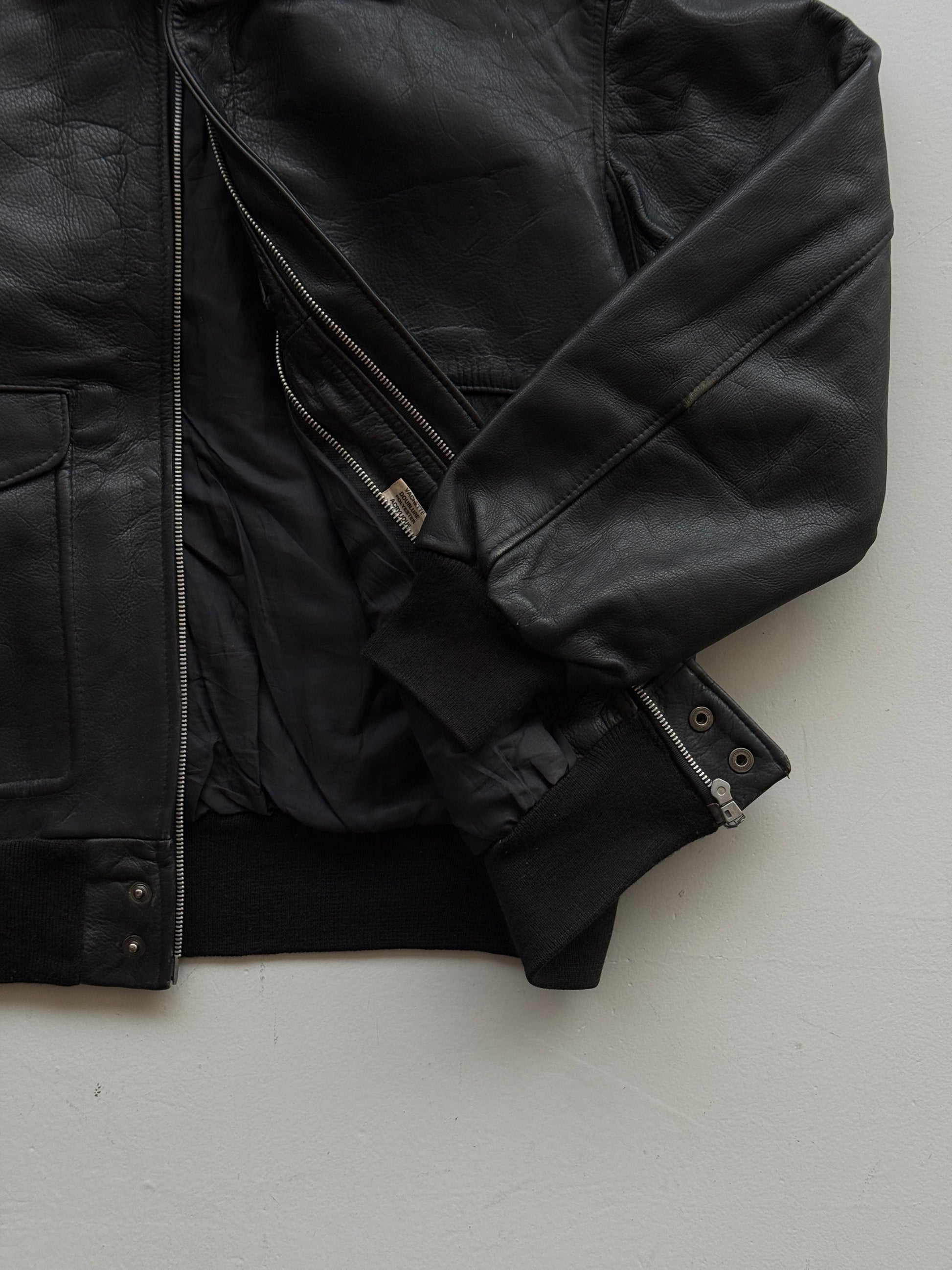 Black A2 Leather Vintage Aviation Bomber Jacket 003 - Medium