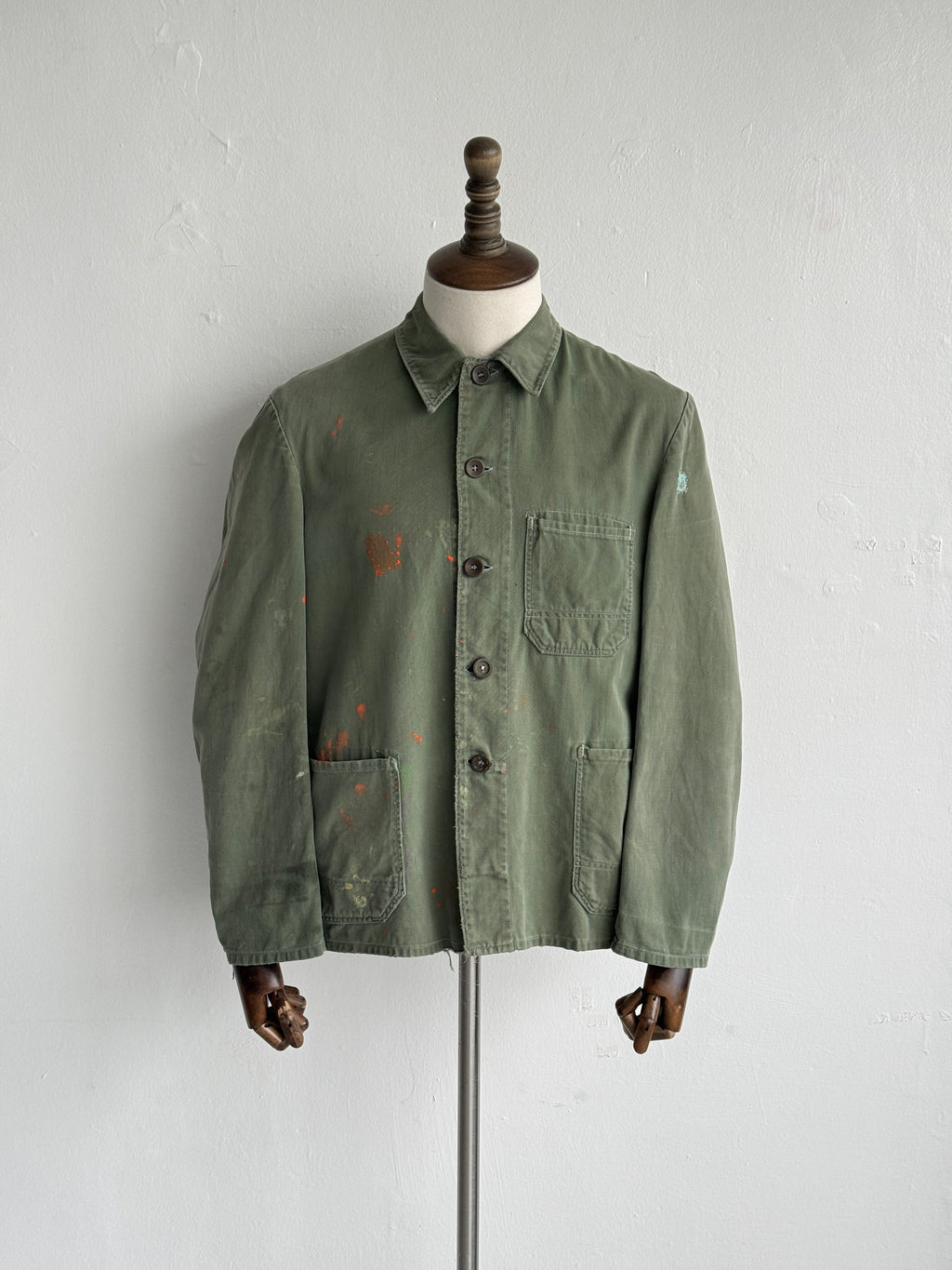 Green French Sashiko Repaired 1950s Vintage Workwear Chore Jacket CH366 - Small