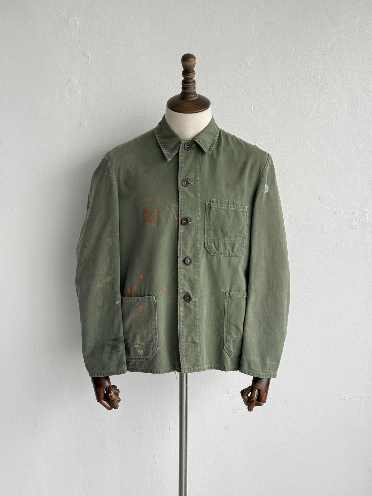 Green French Sashiko Repaired 1950s Vintage Workwear Chore Jacket CH366 - Small
