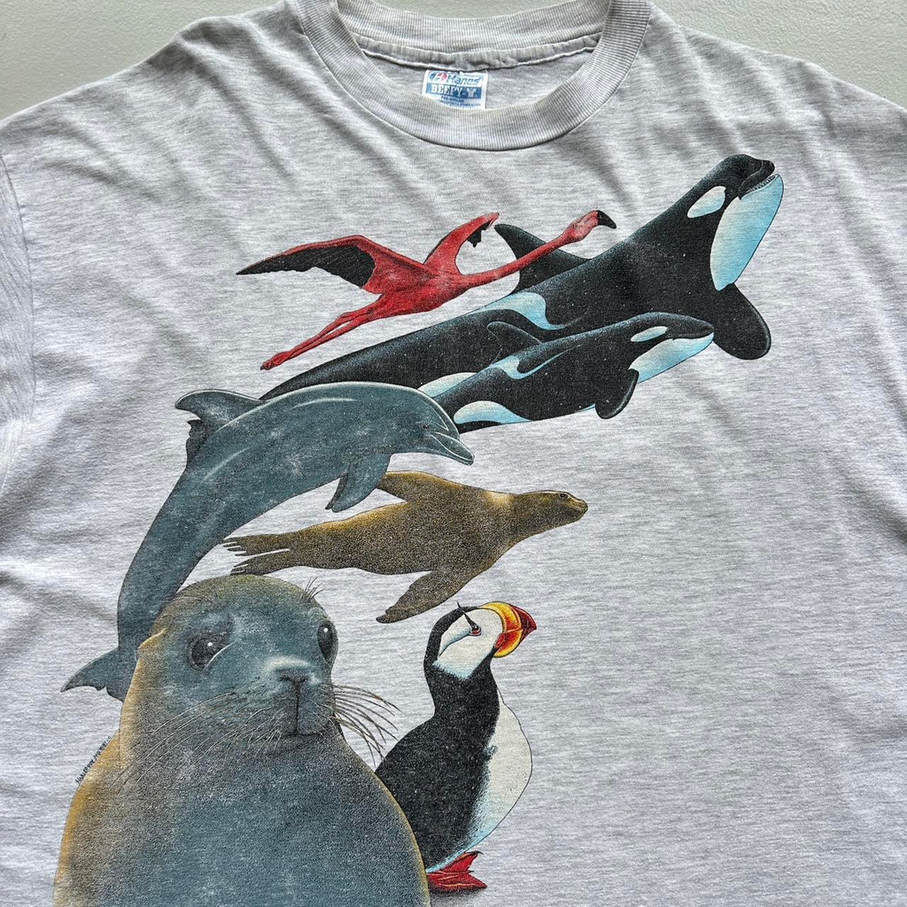 White Nature Animal 80s Vintage Graphic T-Shirt - XL