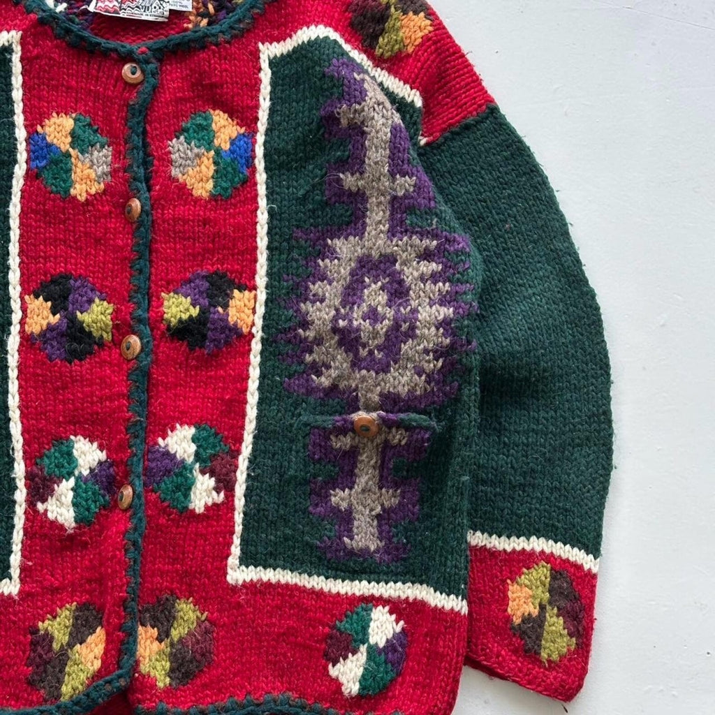Multicoloured 80s Vintage Quichua Village Woollen Ecuadorian Cardigan - Large