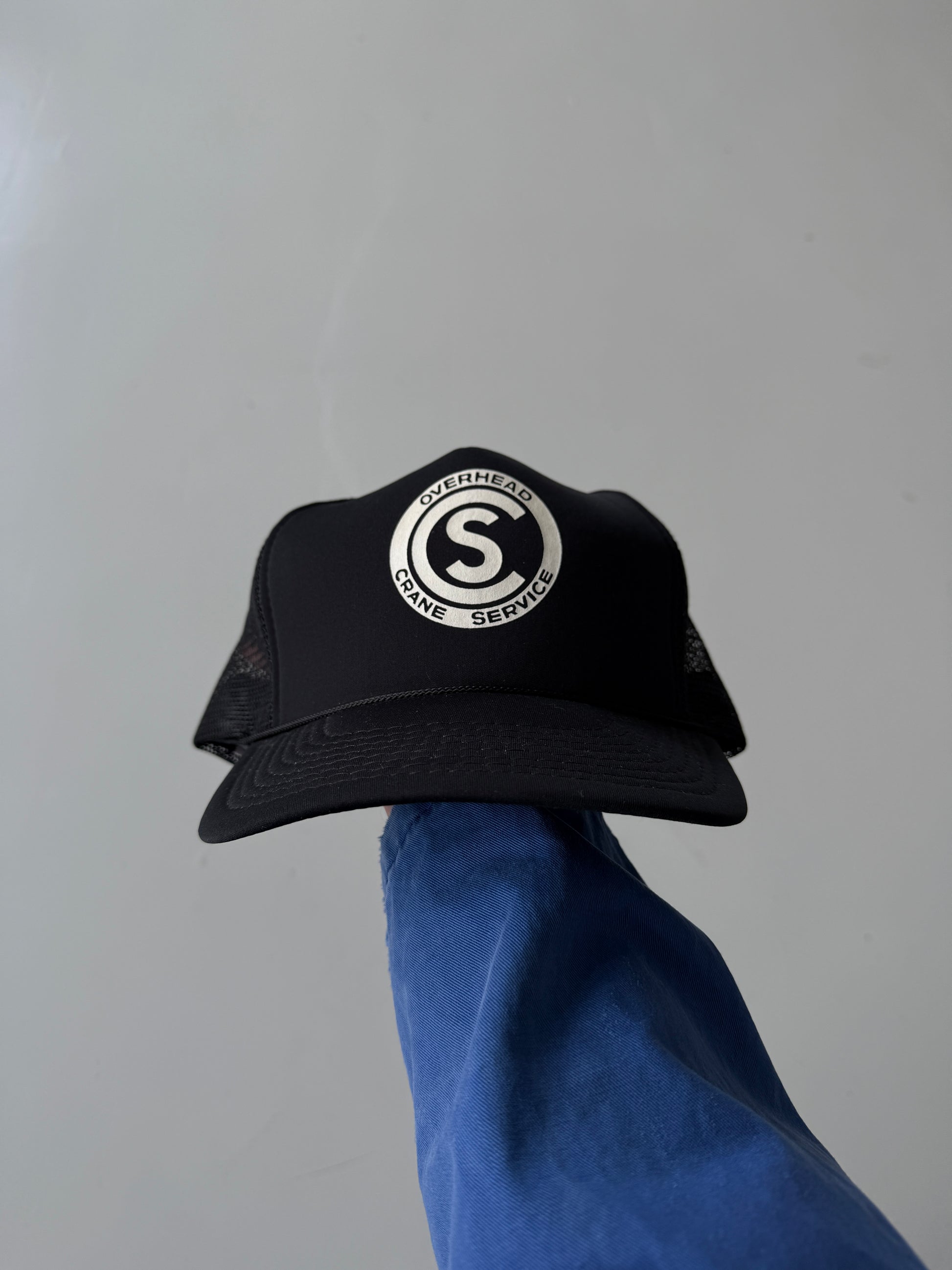 Black Overhead Crane Vintage Foam and Mesh Workwear SnapBack Trucker Cap