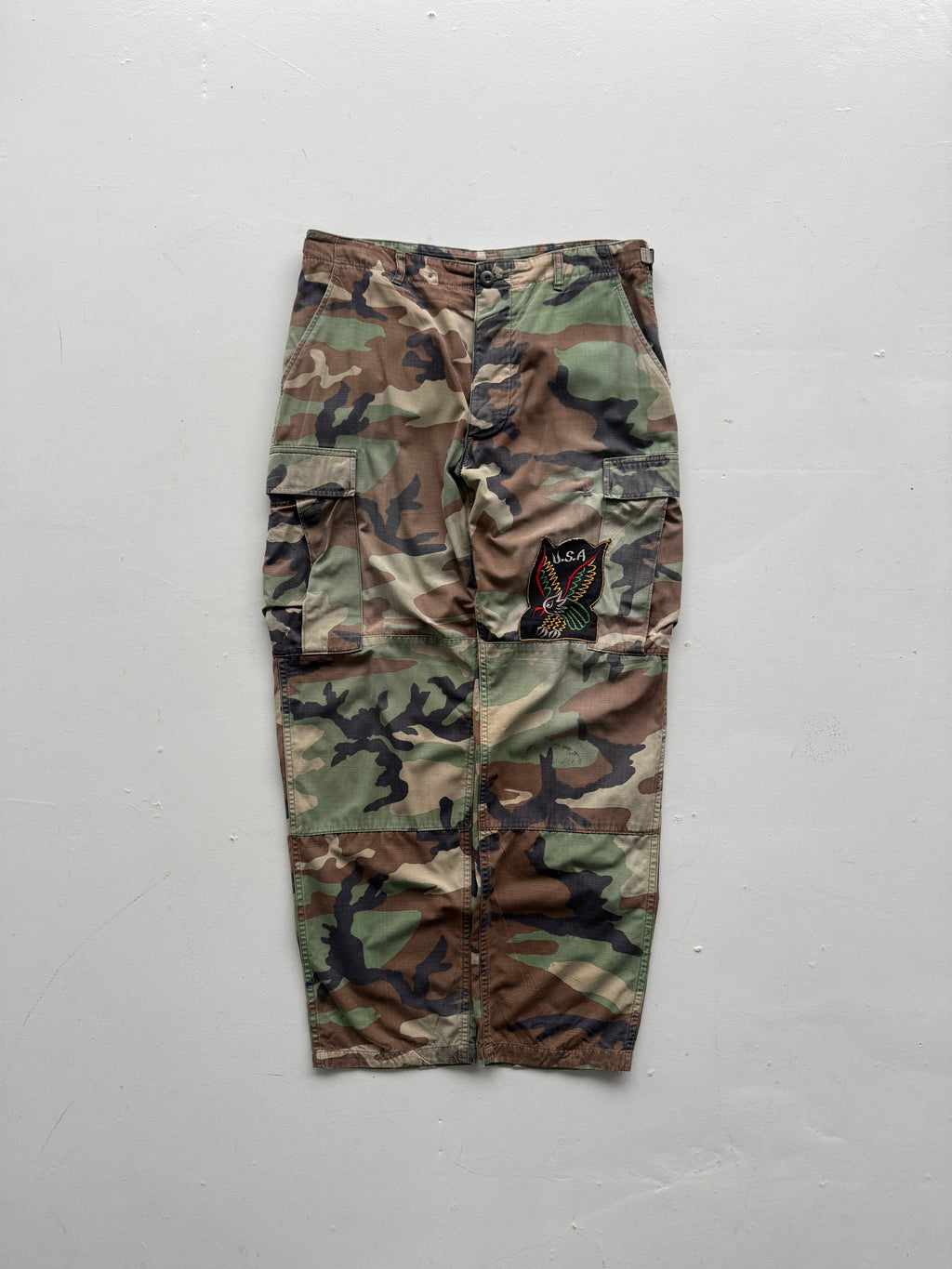 Green Camo Ripstop 80's Vintage Military Cargo Trousers - W34 x L31
