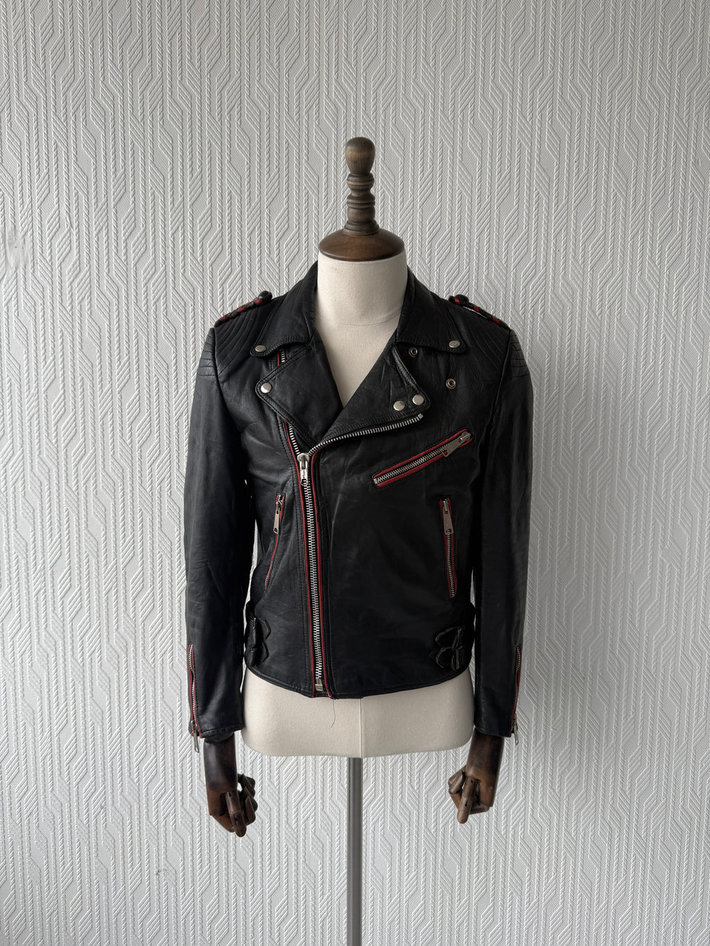 Black & Red 90's Vintage leather Biker Jacket - Mens Small - Womens 10