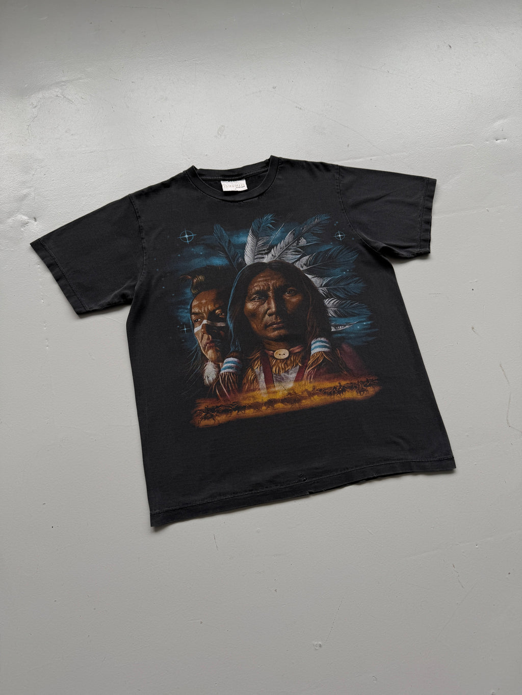 Faded Black Native American Chief 90's Vintage Graphic T-Shirt - Medium