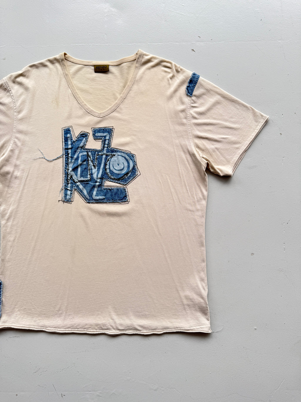Beige Kenzo Y2K Denim Embroidered V-Neck T-Shirt 00's Vintage