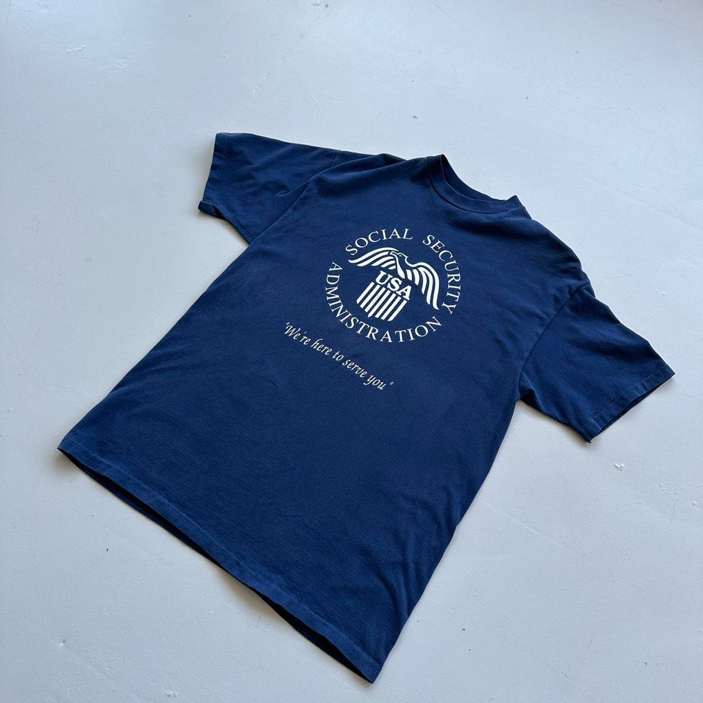 Navy Social Secuirty 90s Vintage T-shirt - Large