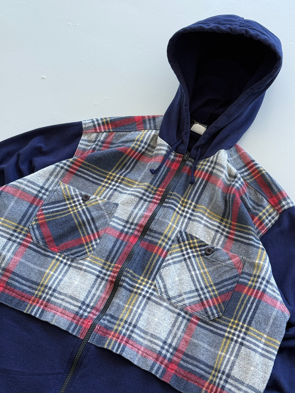 Navy Blue The Mix 90's Vintage Raver Chequered Shirt Hoodie - XL