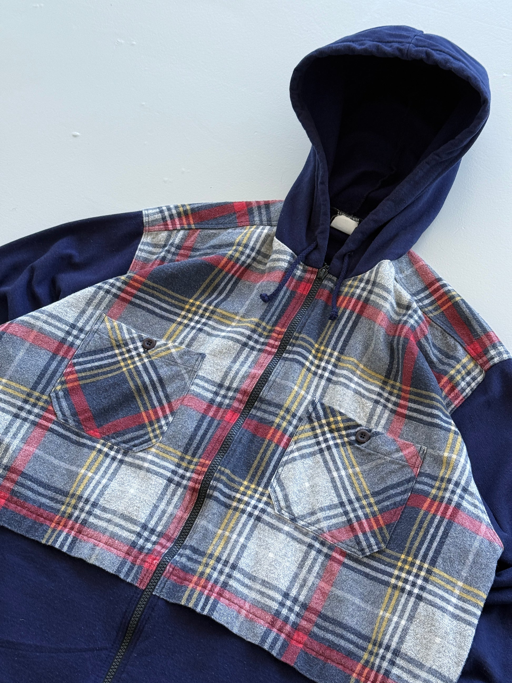 Navy Blue The Mix 90's Vintage Raver Chequered Shirt Hoodie - XL