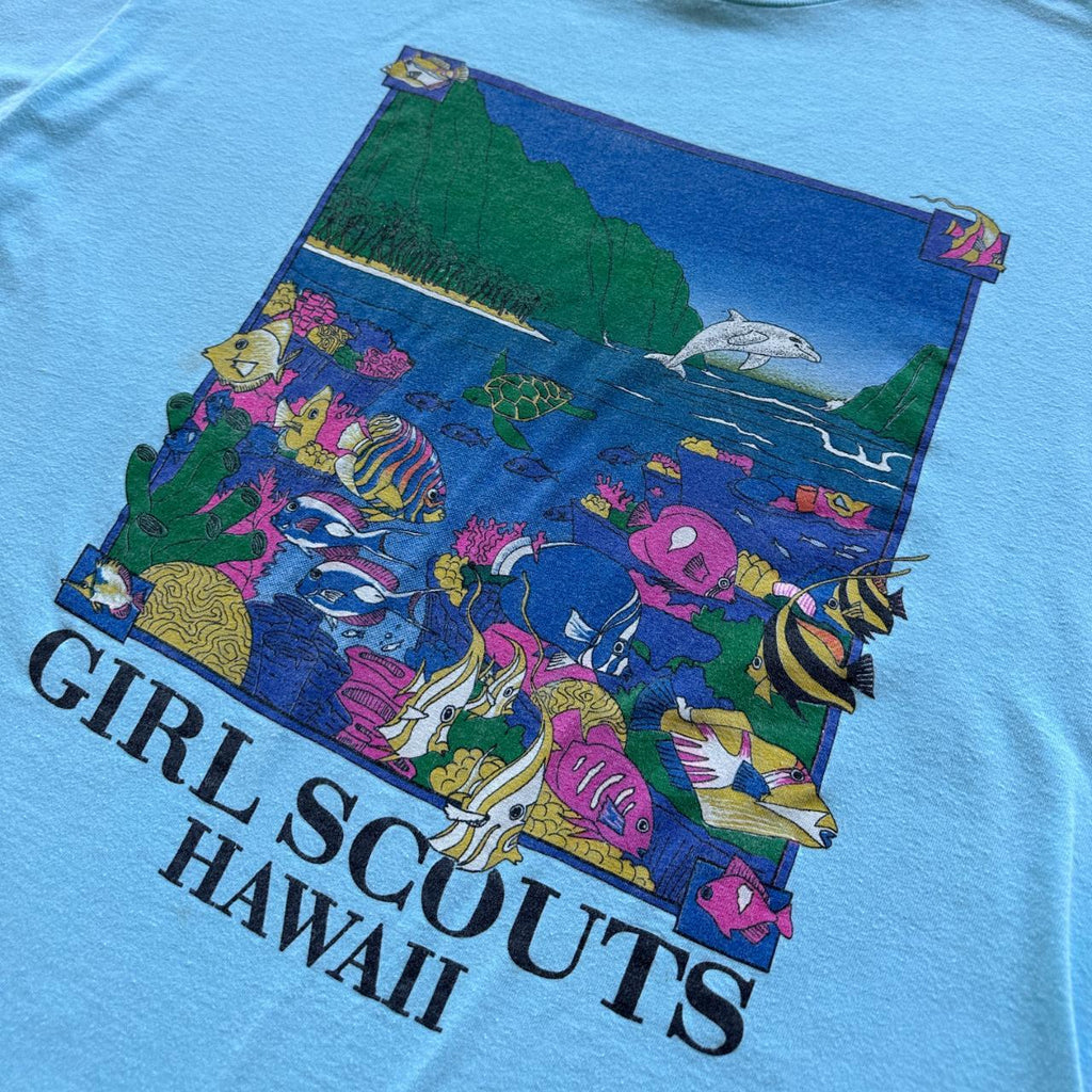 Aqua Blue Girl Scouts Hawaii 90s Vintage T-shirt - XL