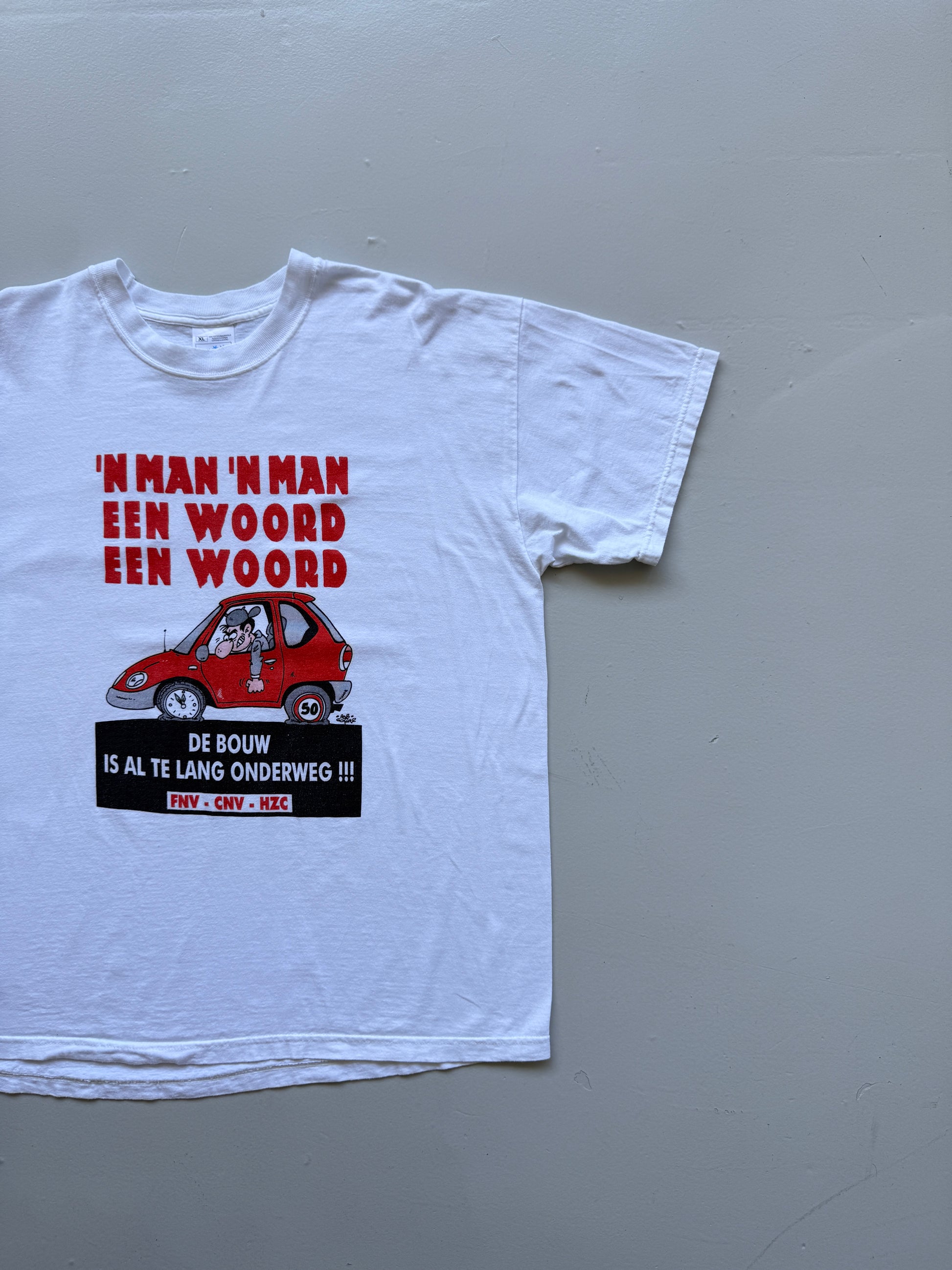 White Dutch Union FNV CNV HZC Car Cartoon 90's Vintage Graphic T-Shirt - XL