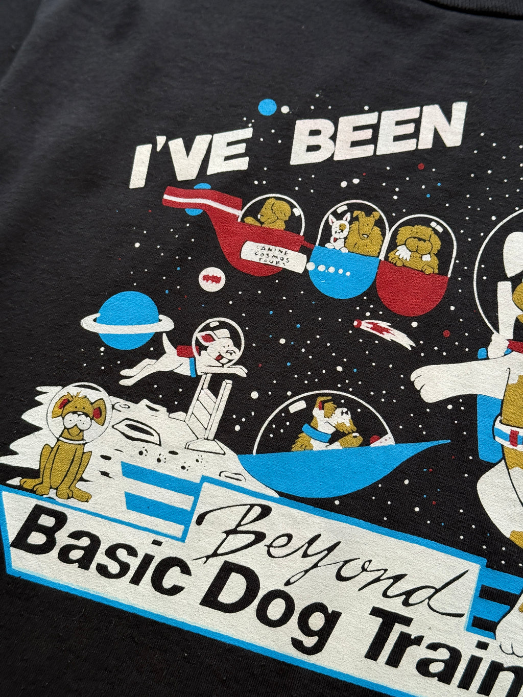Black Space Dog 90's Vintage Graphic Single Stitch Illustrated T-Shirt - Small