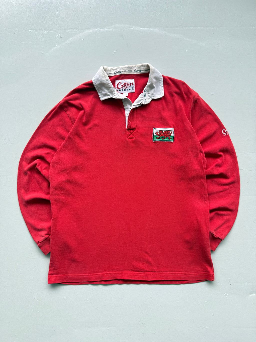 Red Wales Rugby 90's Vintage Cotton Traders Long Sleeve Polo Jersey - Medium