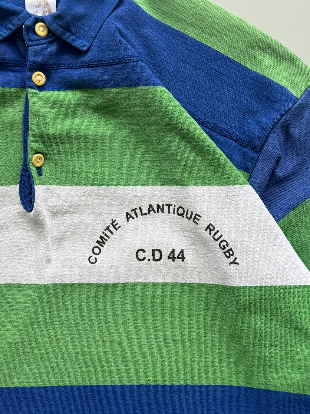 Green Striped French Rugby 90's Vintage Long Sleeve Polo Jersey - Large