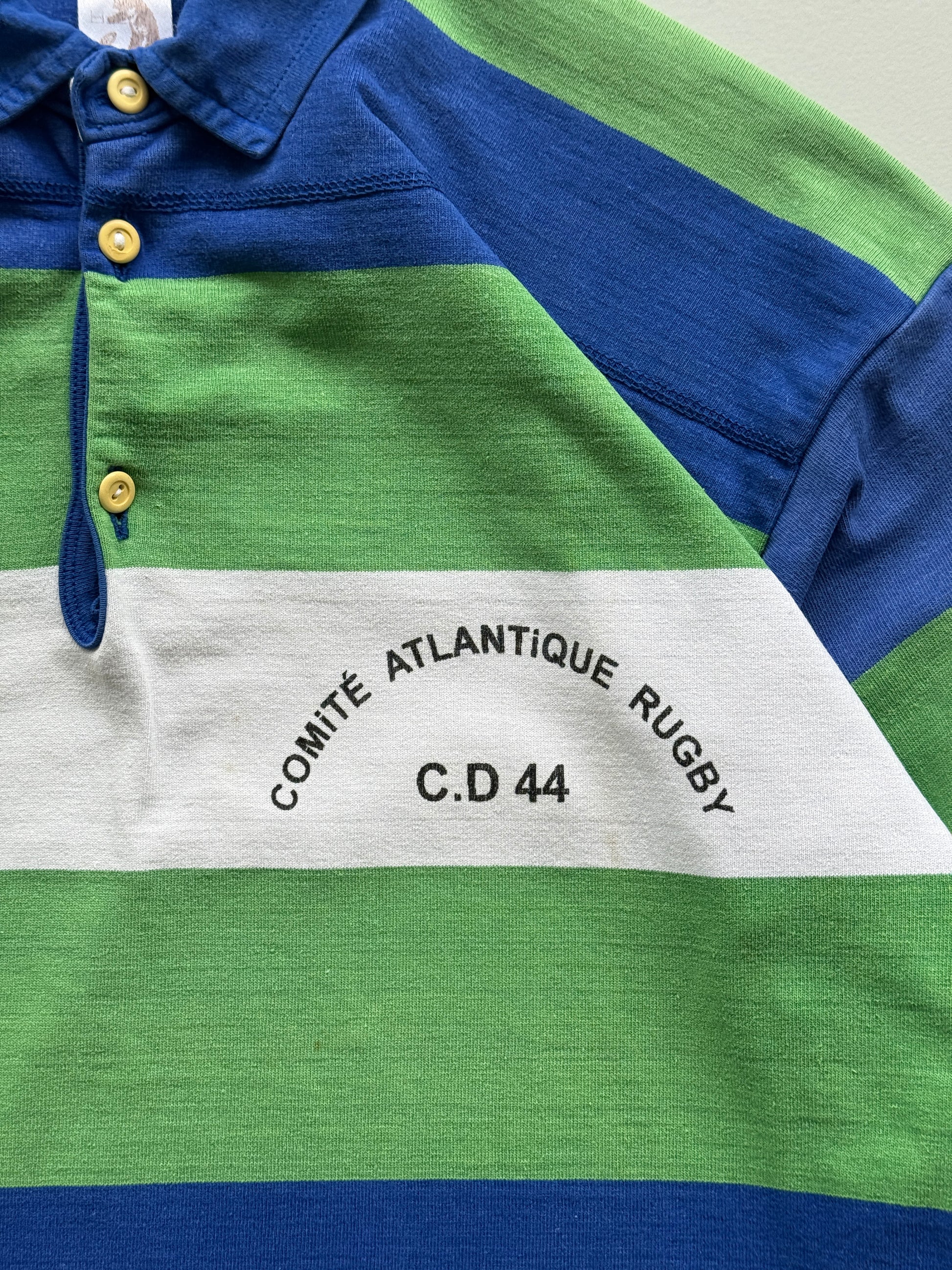 Green Striped French Rugby 90's Vintage Long Sleeve Polo Jersey - Large