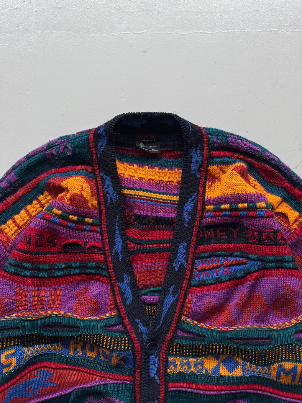 Colourful 3D Knit Woollen 90's Australian Hysport Cardigan -14 / Mens Medium