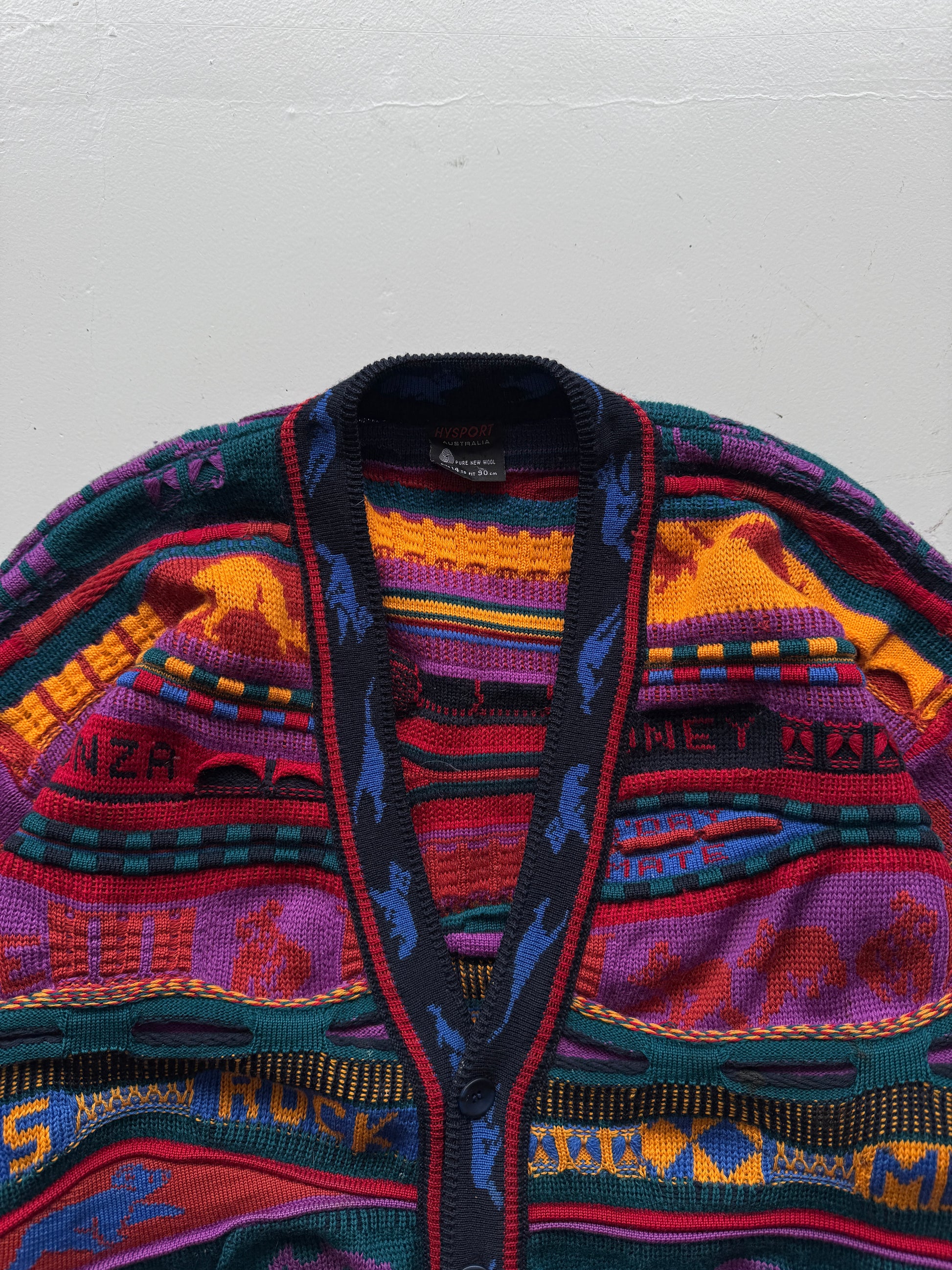 Colourful 3D Knit Woollen 90's Australian Hysport Cardigan -14 / Mens Medium
