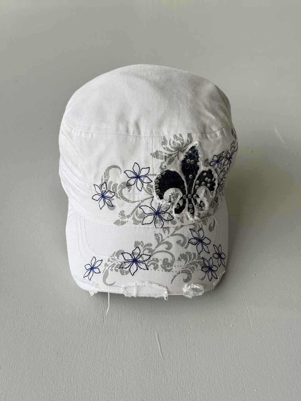 White Floral Y2K Cadet Cap Military Style 00's Grunge Aesthetic